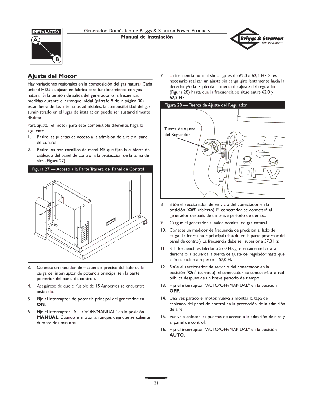 Briggs & Stratton 01938-0 manual Ajuste del Motor, Del Regulador, Cargue el generador al valor nominal de gas natural 