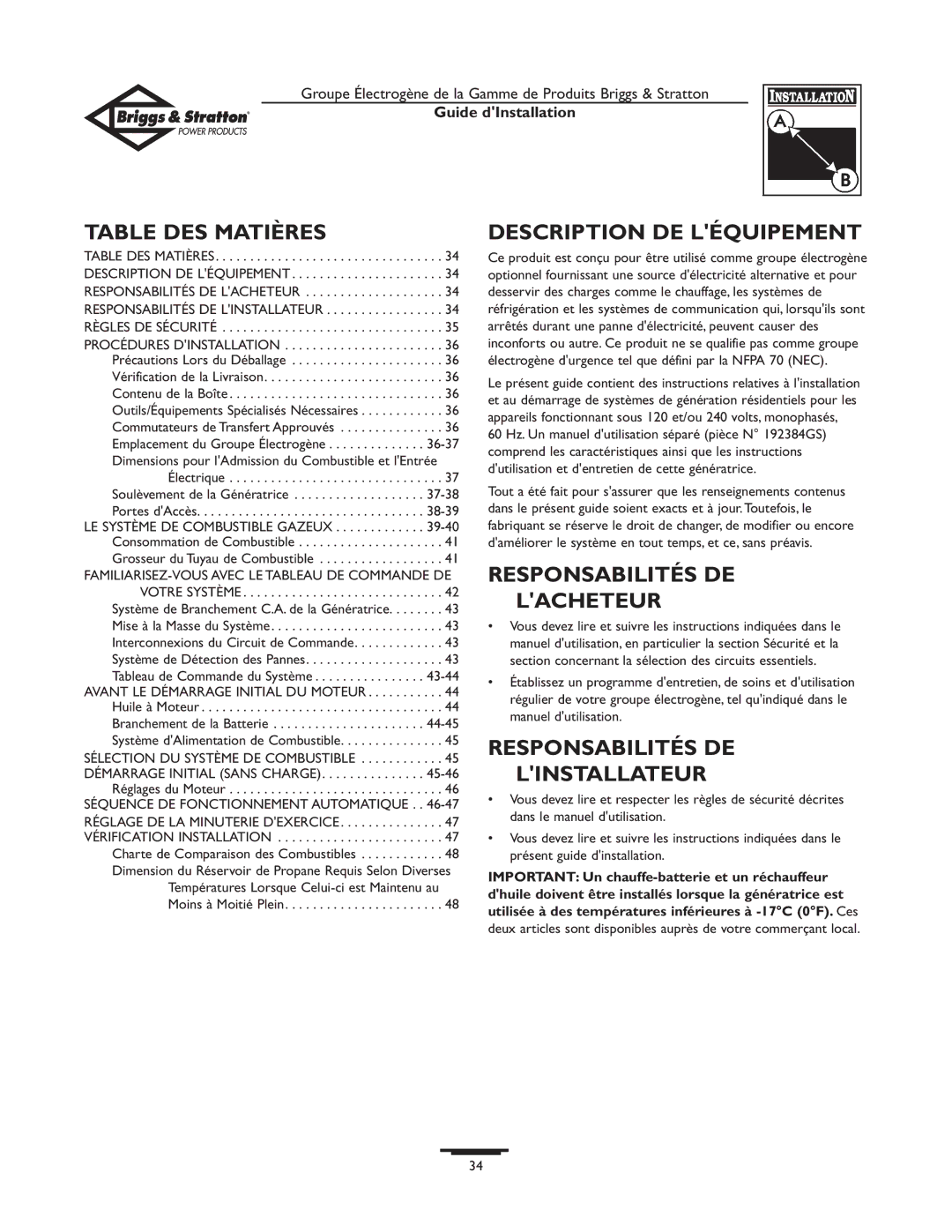 Briggs & Stratton 01938-0 manual Table DES Matières, Description DE Léquipement, Responsabilités DE Lacheteur 