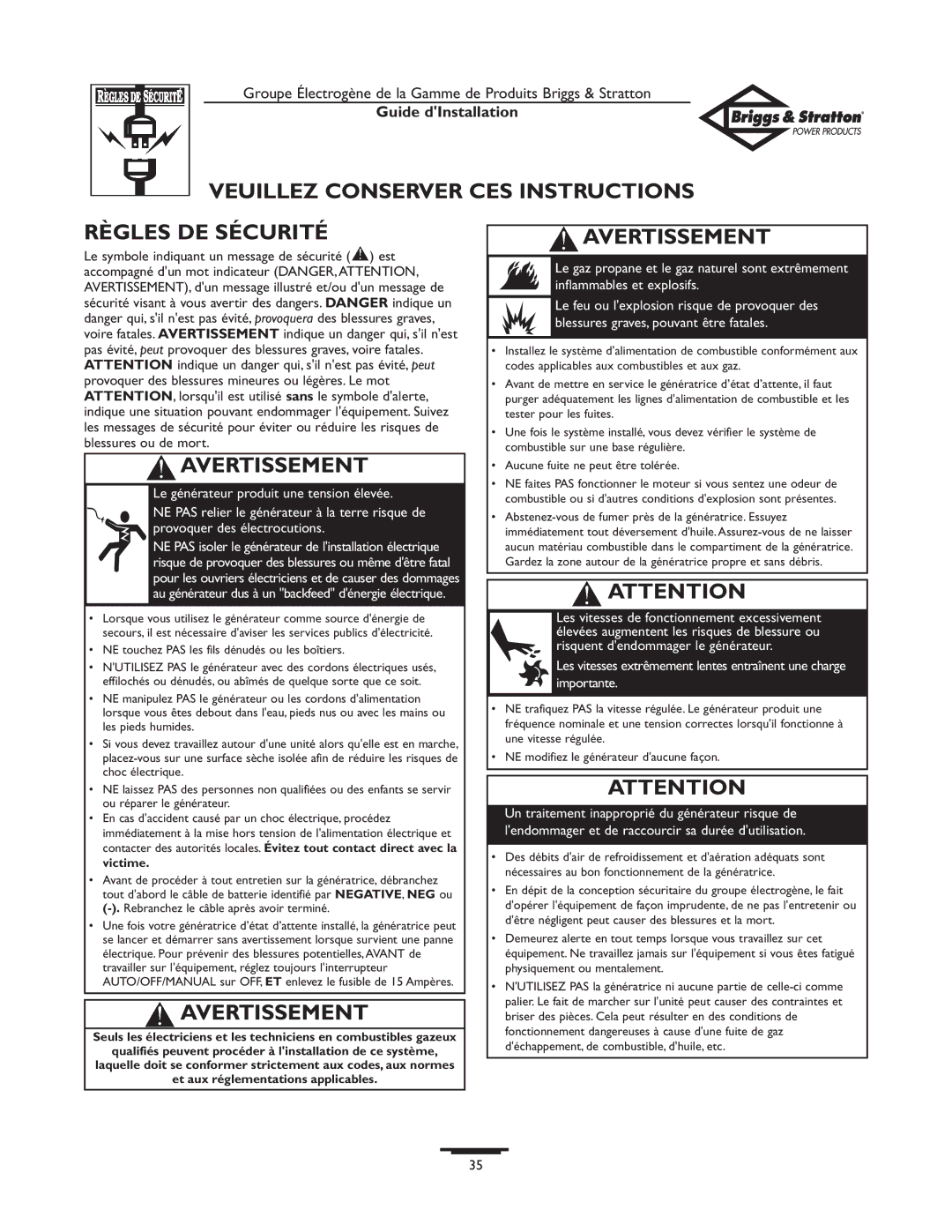 Briggs & Stratton 01938-0 manual Veuillez Conserver CES Instructions Règles DE Sécurité, Avertissement 