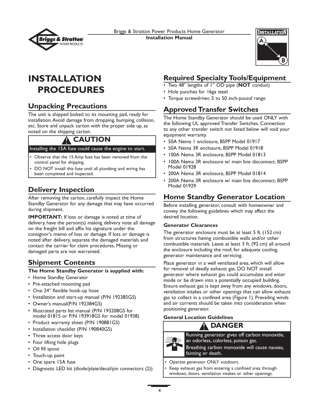 Briggs & Stratton 01938-0 manual Installation Procedures 