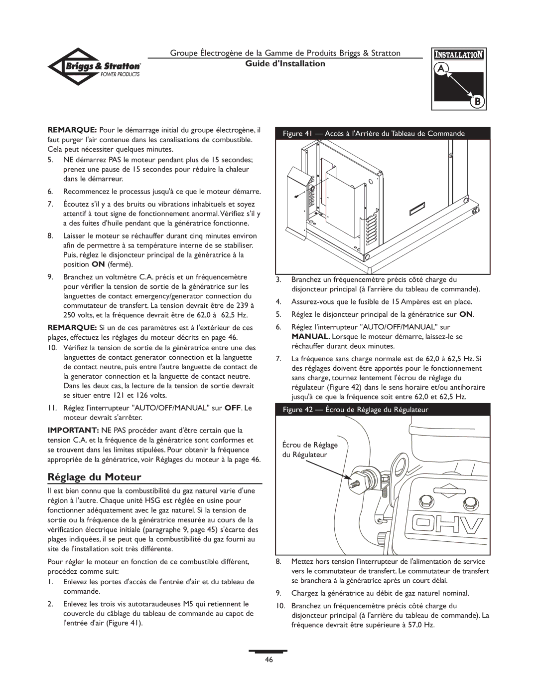 Briggs & Stratton 01938-0 manual Réglage du Moteur, Écrou de Réglage, Du Régulateur 