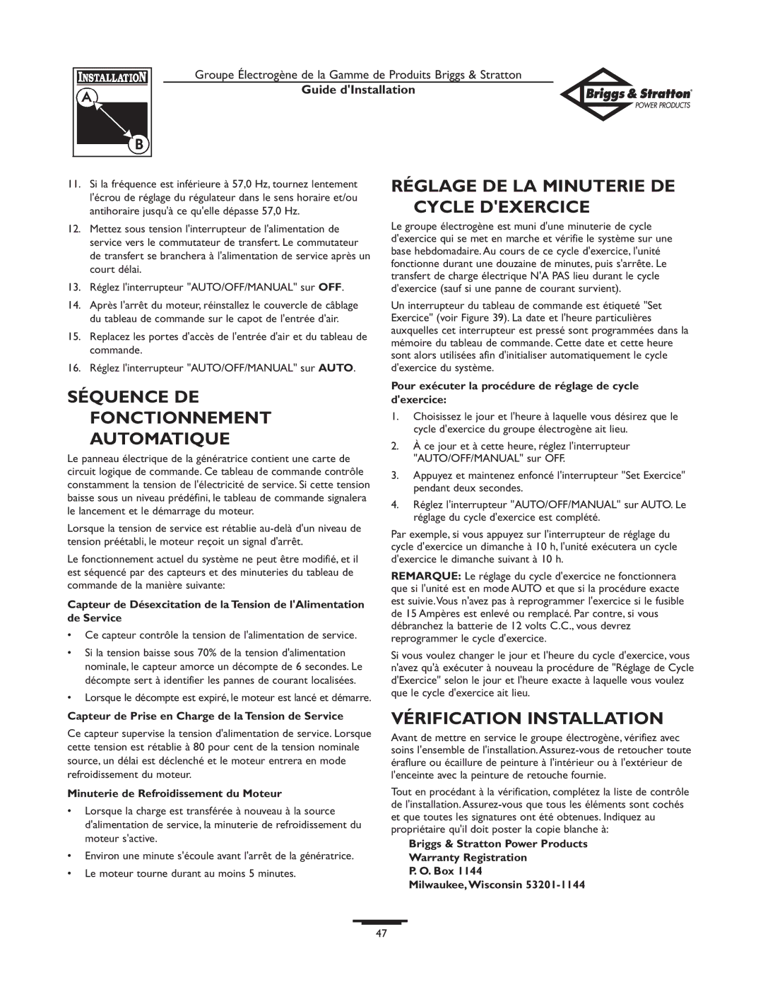 Briggs & Stratton 01938-0 manual Séquence DE Fonctionnement Automatique, Réglage DE LA Minuterie DE Cycle Dexercice 