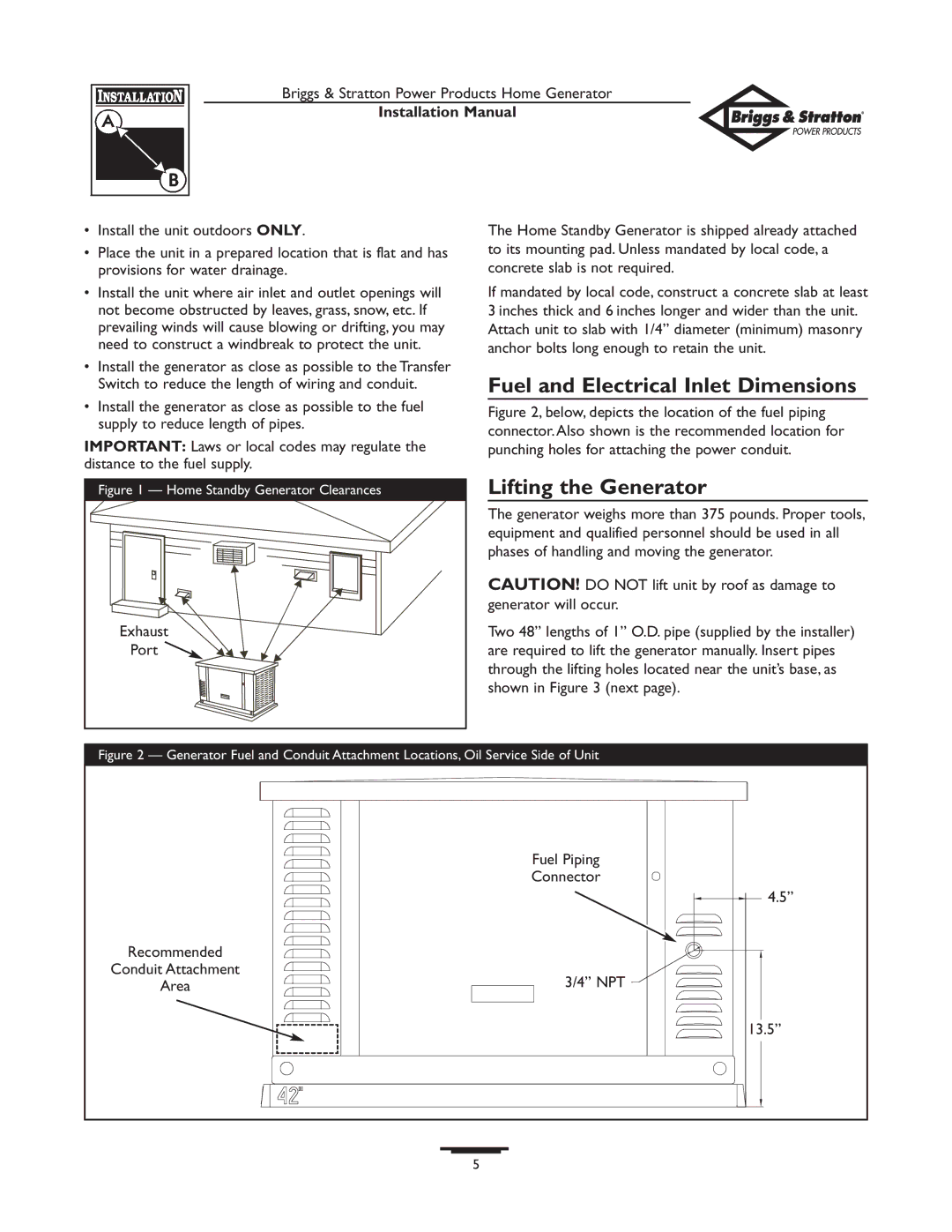 Briggs & Stratton 01938-0 Fuel and Electrical Inlet Dimensions, Lifting the Generator, Port, Conduit Attachment, Area 