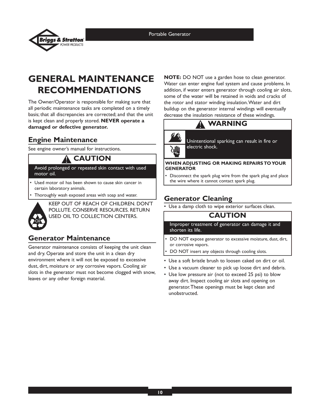 Briggs & Stratton 01970 General Maintenance Recommendations, Engine Maintenance, Generator Maintenance, Generator Cleaning 