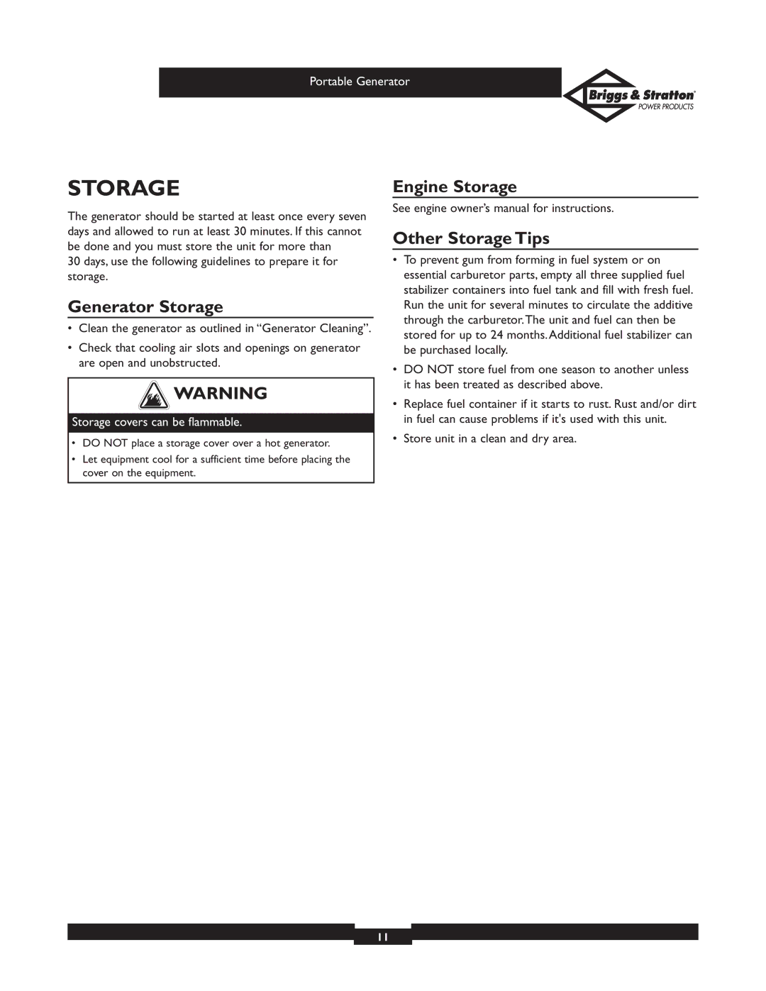 Briggs & Stratton 01971, 01970 owner manual Generator Storage, Engine Storage Other Storage Tips 