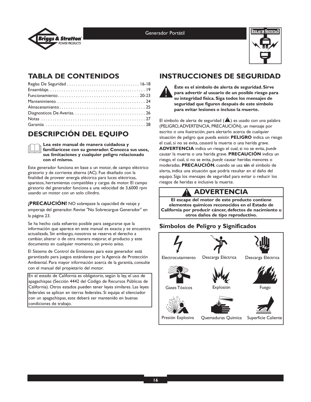 Briggs & Stratton 01970, 01971 Tabla DE Contenidos, Descripción DEL Equipo, Instrucciones DE Seguridad, Advertencia 