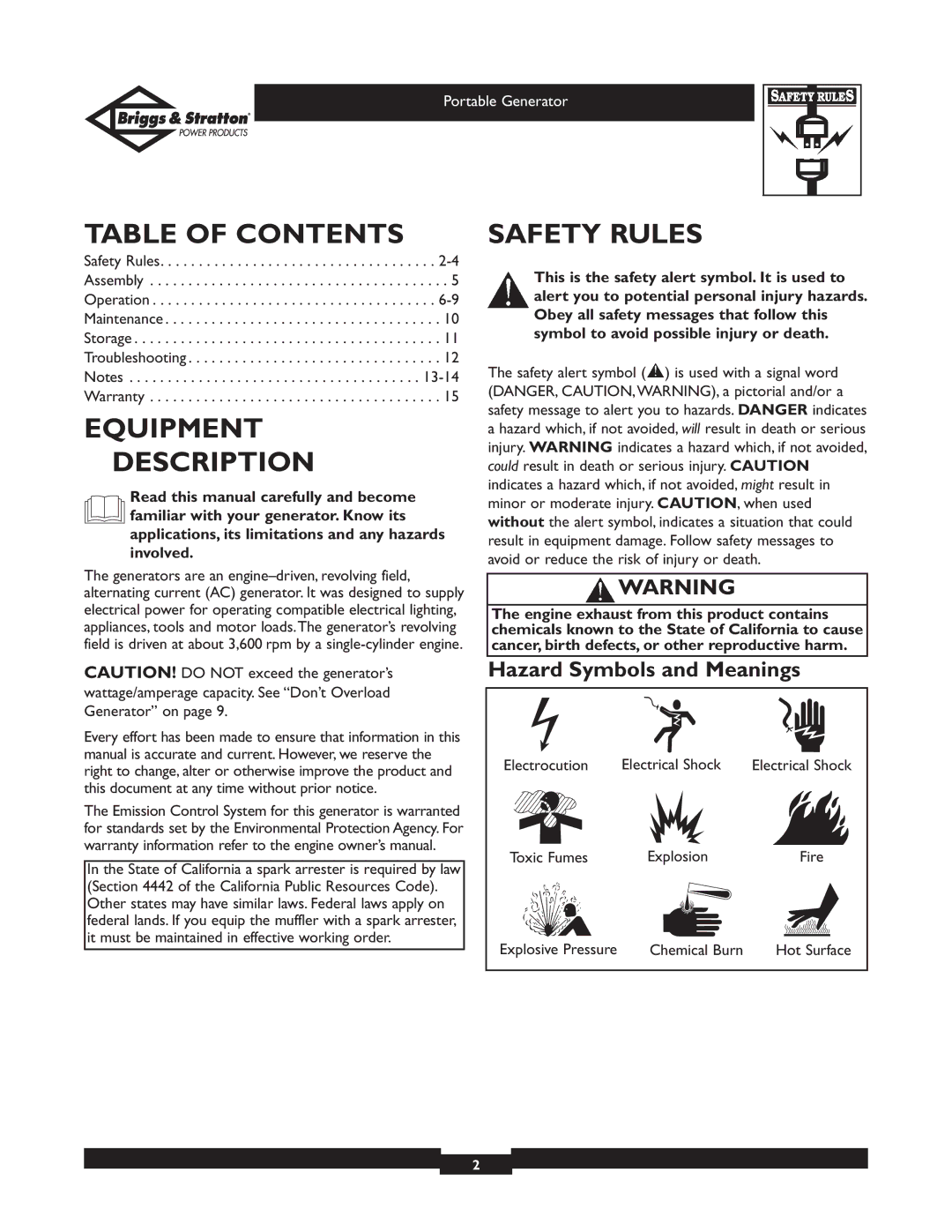 Briggs & Stratton 01970, 01971 Table of Contents, Equipment Description, Safety Rules, Hazard Symbols and Meanings 