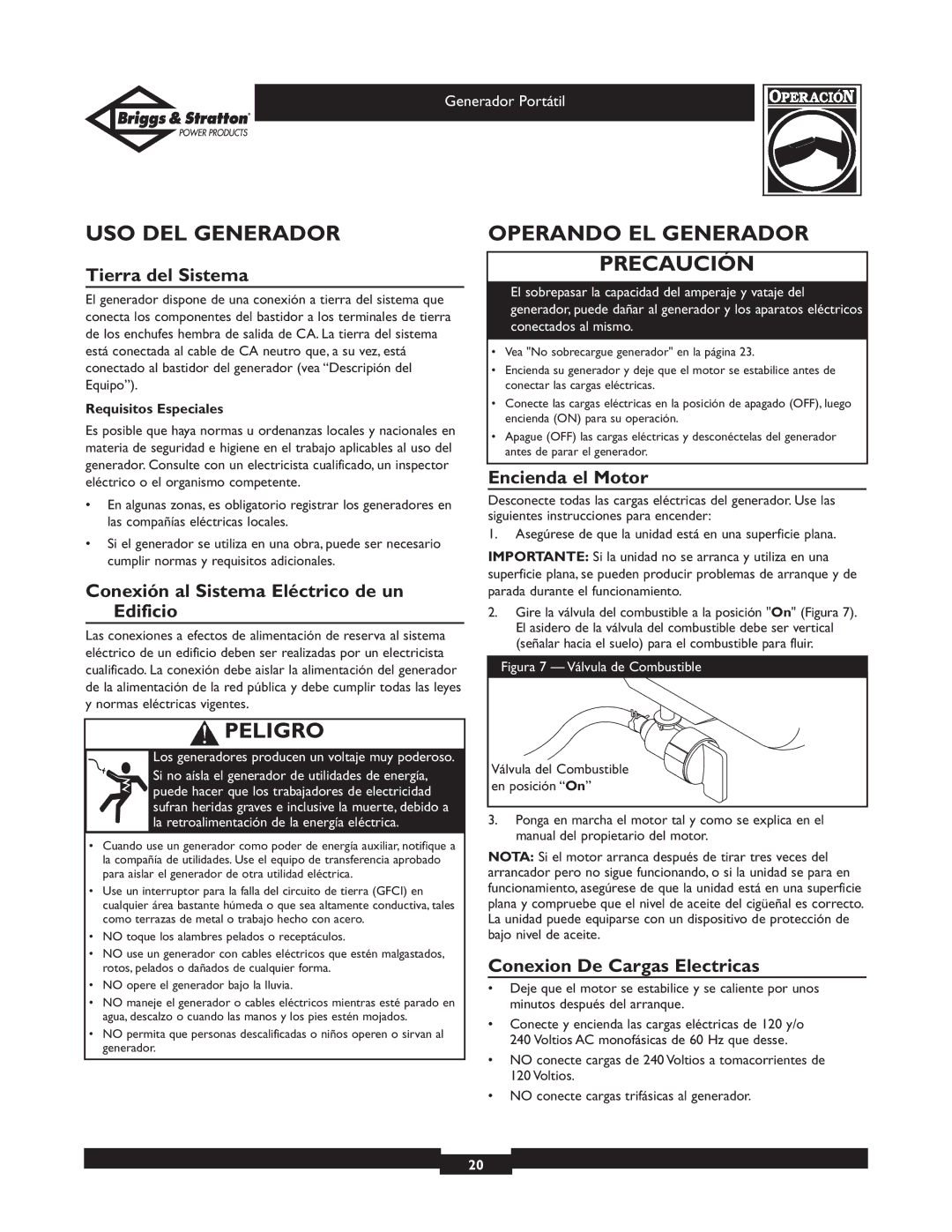 Briggs & Stratton 01970, 01971 owner manual USO DEL Generador, Operando EL Generador Precaución 