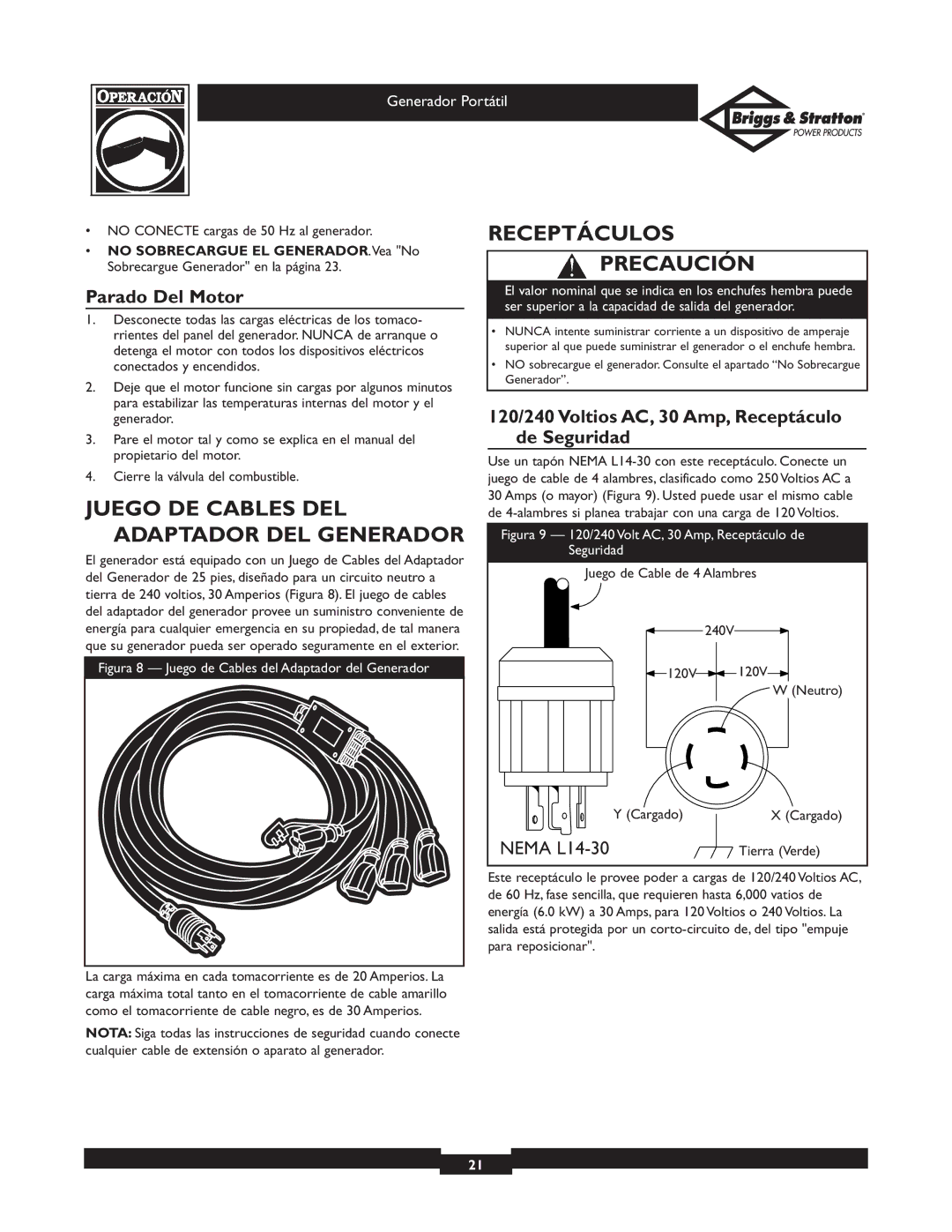 Briggs & Stratton 01971, 01970 Juego DE Cables DEL Adaptador DEL Generador, Receptáculos Precaución, Parado Del Motor 