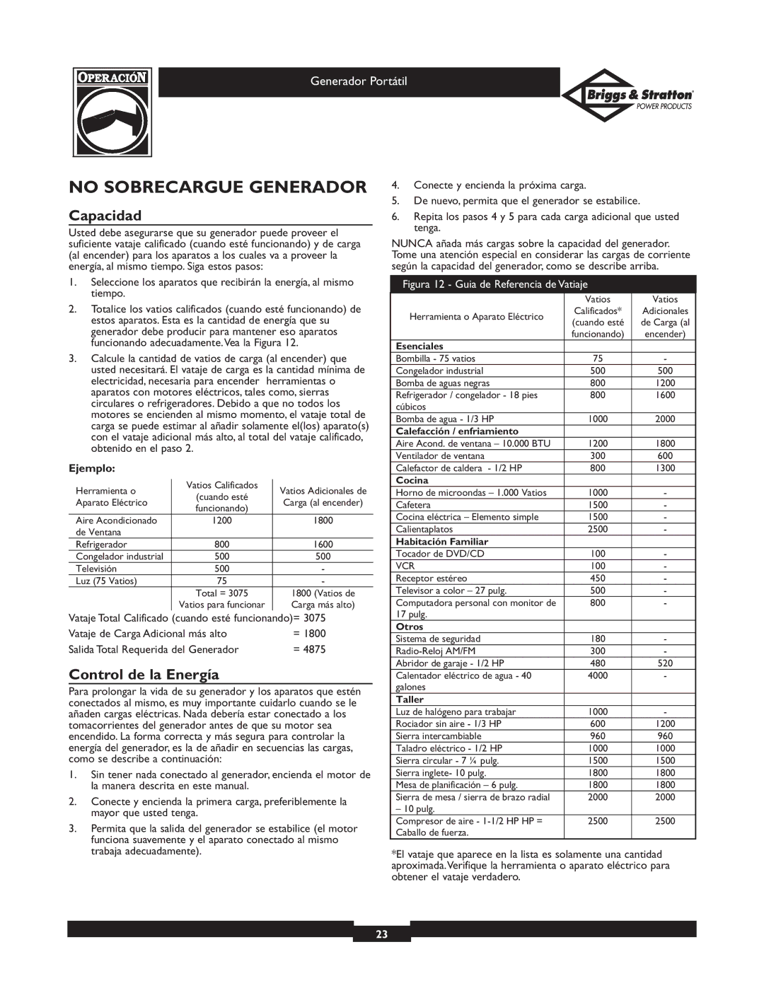 Briggs & Stratton 01971, 01970 owner manual No Sobrecargue Generador, Capacidad, Control de la Energía 