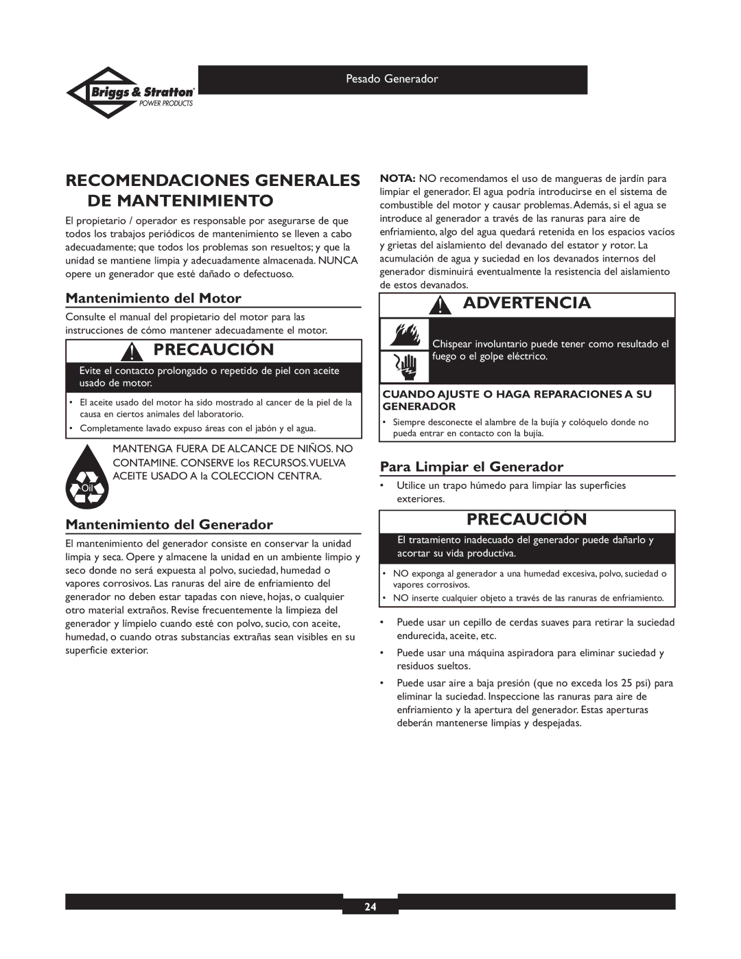 Briggs & Stratton 01970 Recomendaciones Generales DE Mantenimiento, Mantenimiento del Motor, Para Limpiar el Generador 