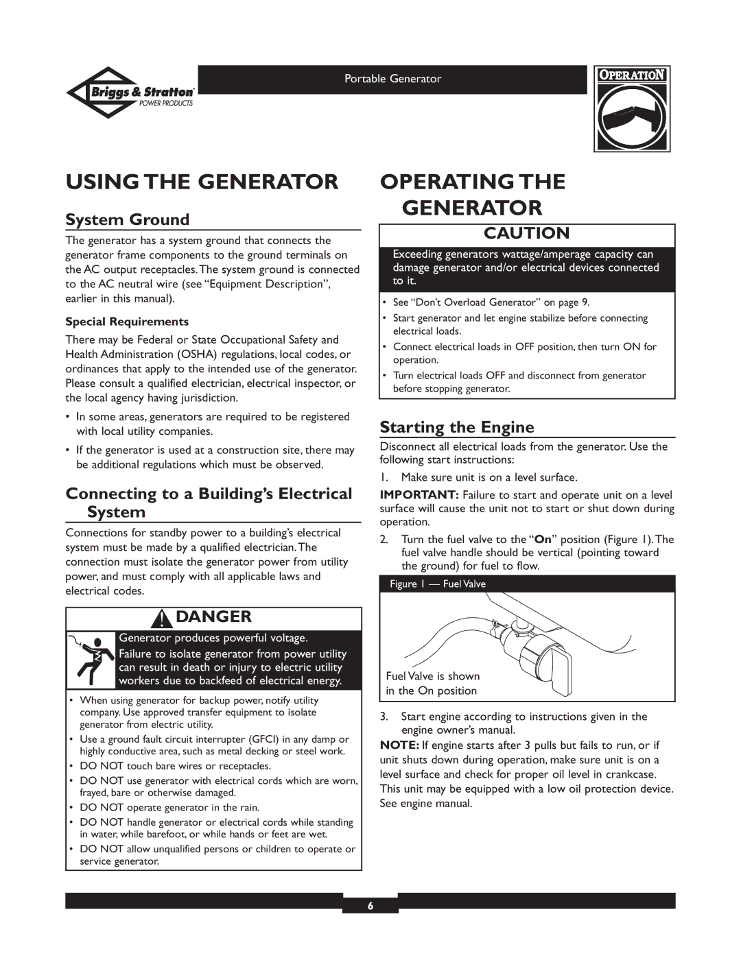 Briggs & Stratton 01970, 01971 owner manual Using the Generator, Operating Generator, System Ground, Starting the Engine 