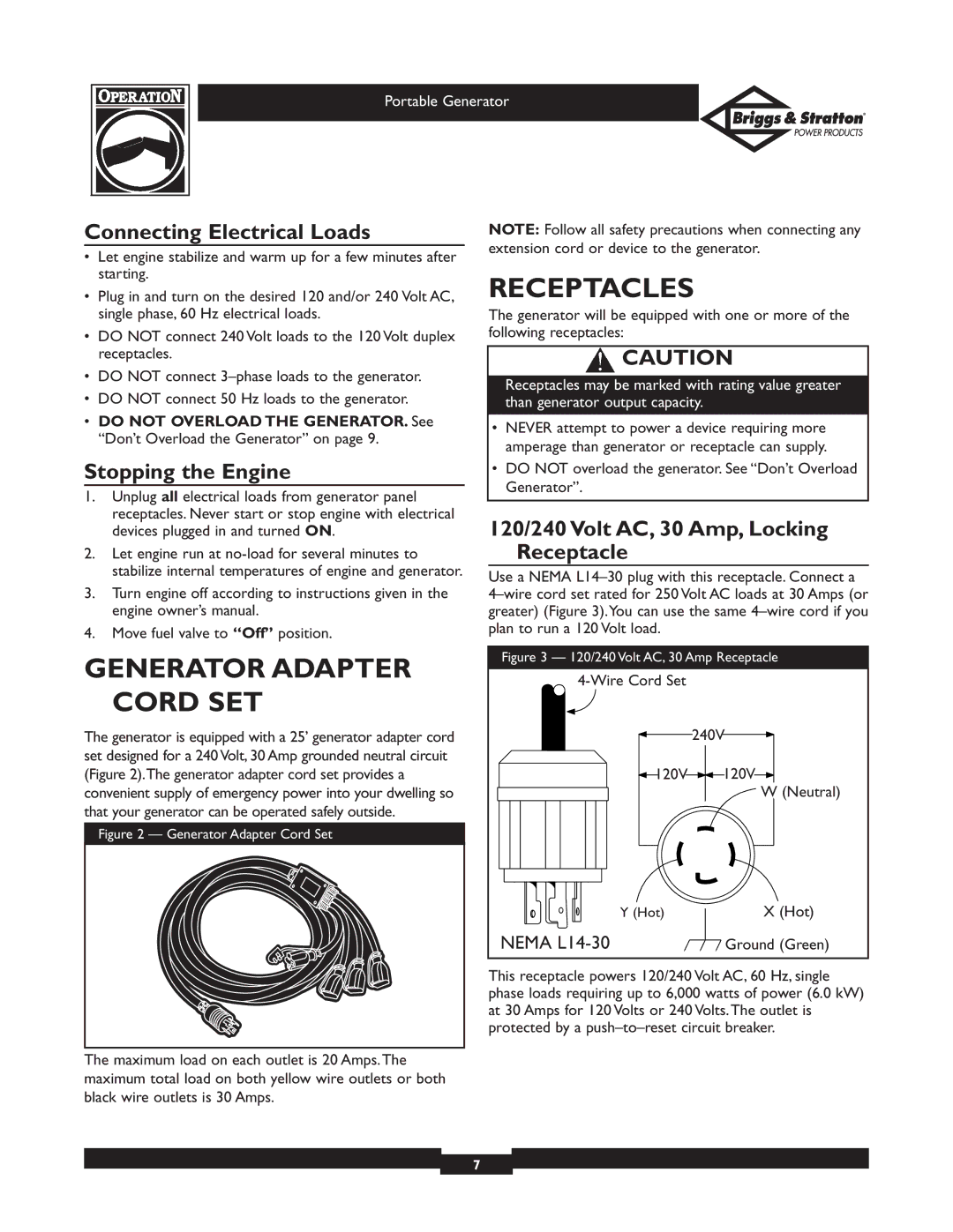 Briggs & Stratton 01971, 01970 Generator Adapter Cord SET, Receptacles, Connecting Electrical Loads, Stopping the Engine 