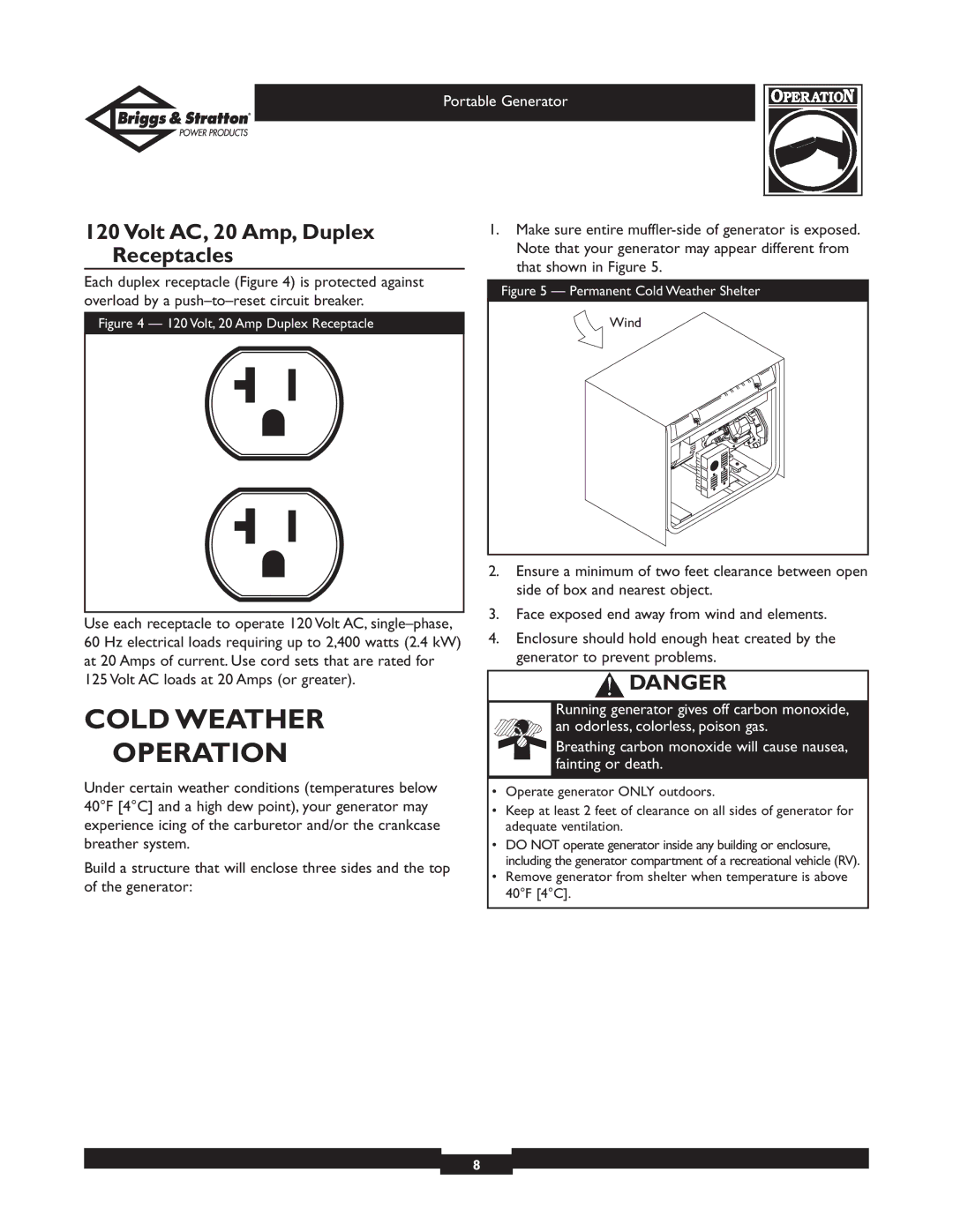 Briggs & Stratton 01970, 01971 owner manual Cold Weather Operation, Volt AC, 20 Amp, Duplex Receptacles 