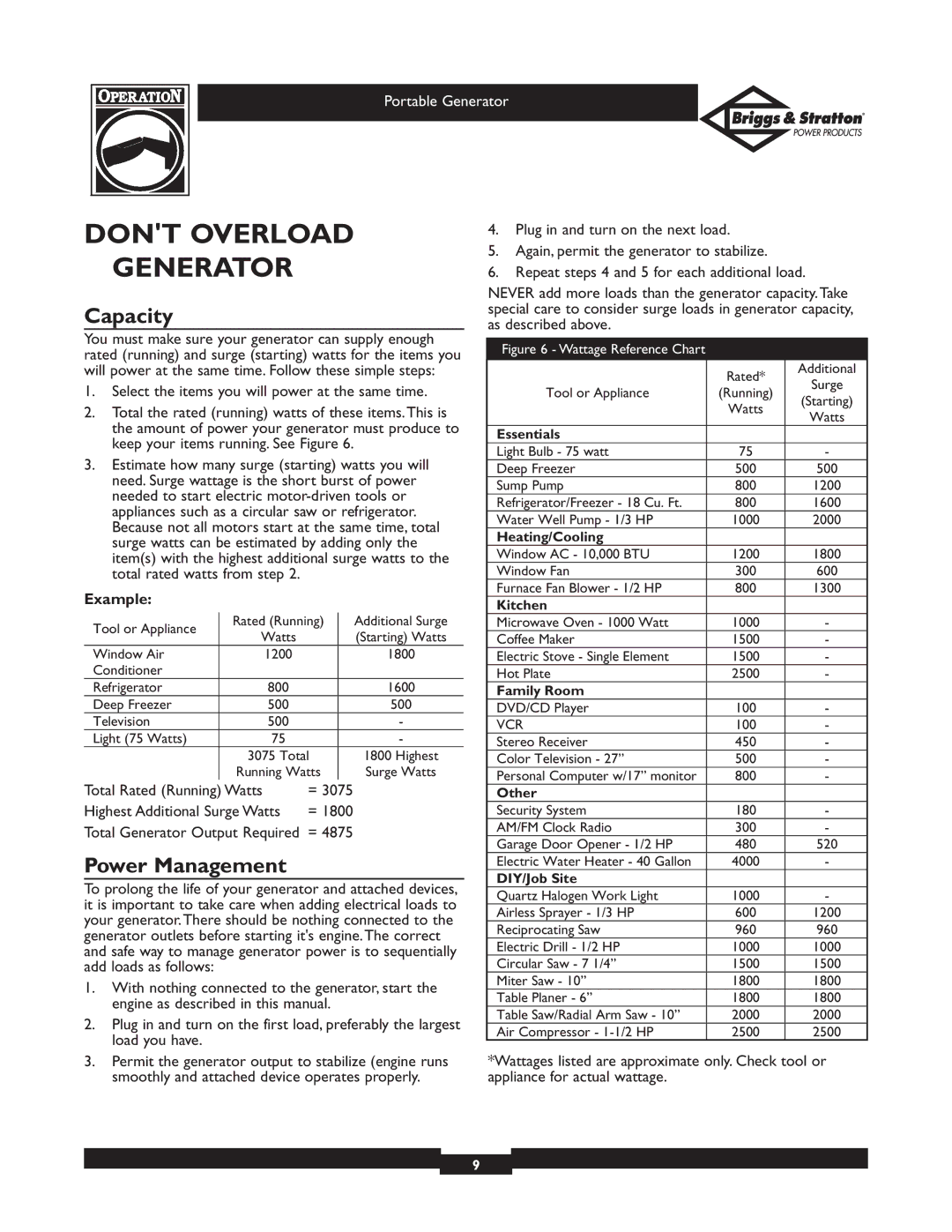 Briggs & Stratton 01971, 01970 owner manual Dont Overload Generator, Capacity, Power Management 