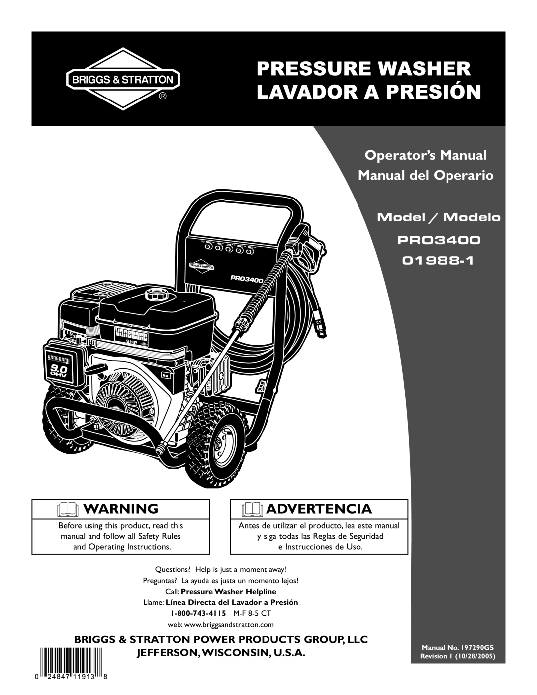 Briggs & Stratton 01988-1 manual Advertencia, Antes de utilizar el producto, lea este manual 