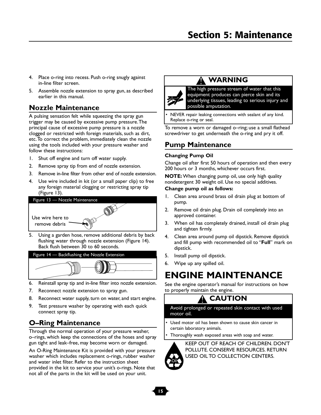 Briggs & Stratton 01988-1 manual Engine Maintenance, Nozzle Maintenance, Ring Maintenance, Pump Maintenance 