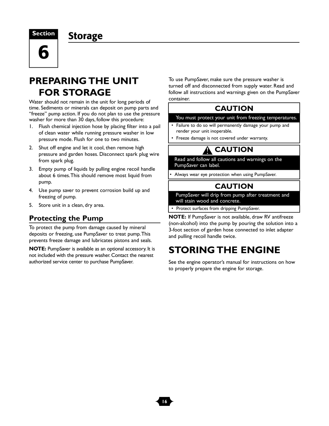 Briggs & Stratton 01988-1 manual Preparing the Unit for Storage, Storing the Engine, Protecting the Pump 