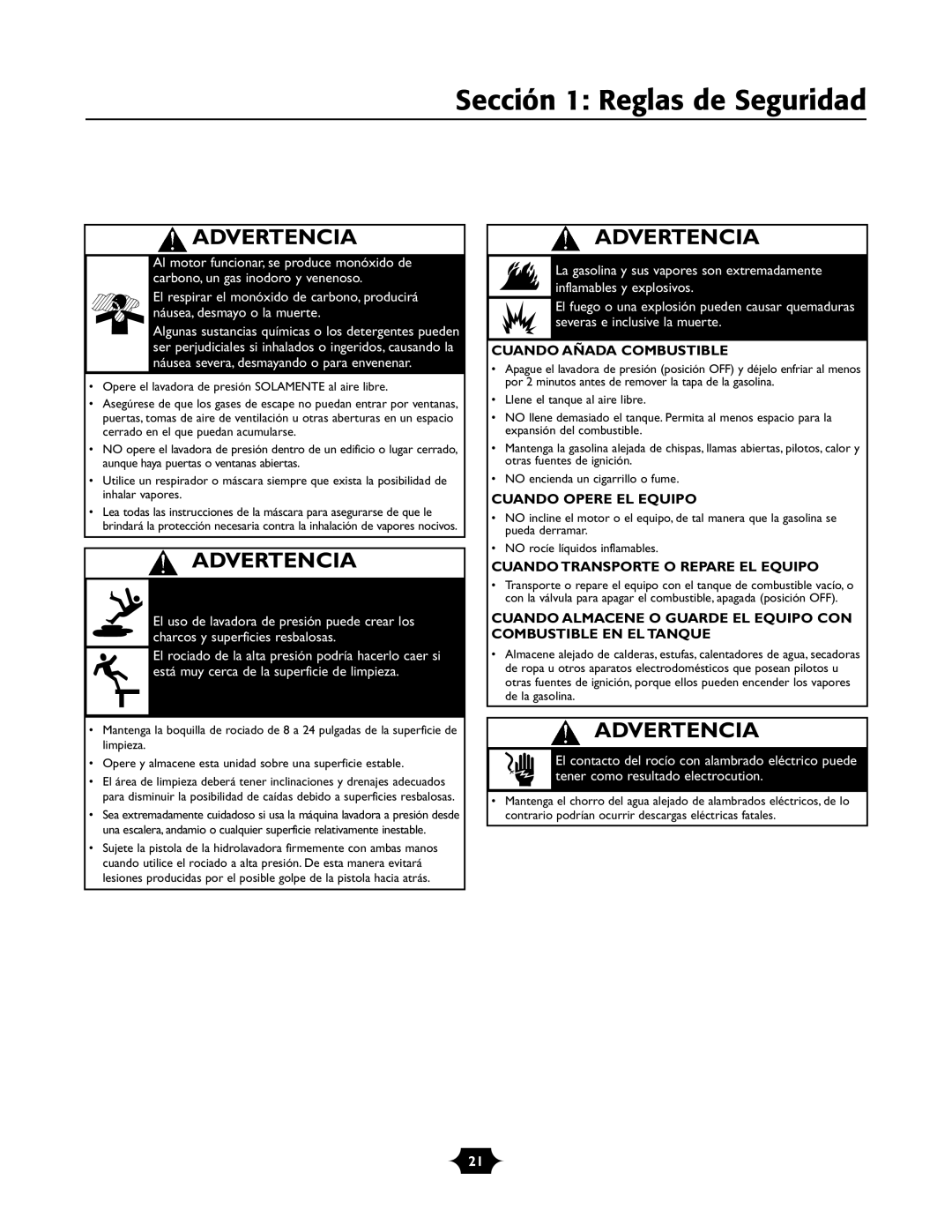 Briggs & Stratton 01988-1 manual Sección 1 Reglas de Seguridad, Cuando Añada Combustible 