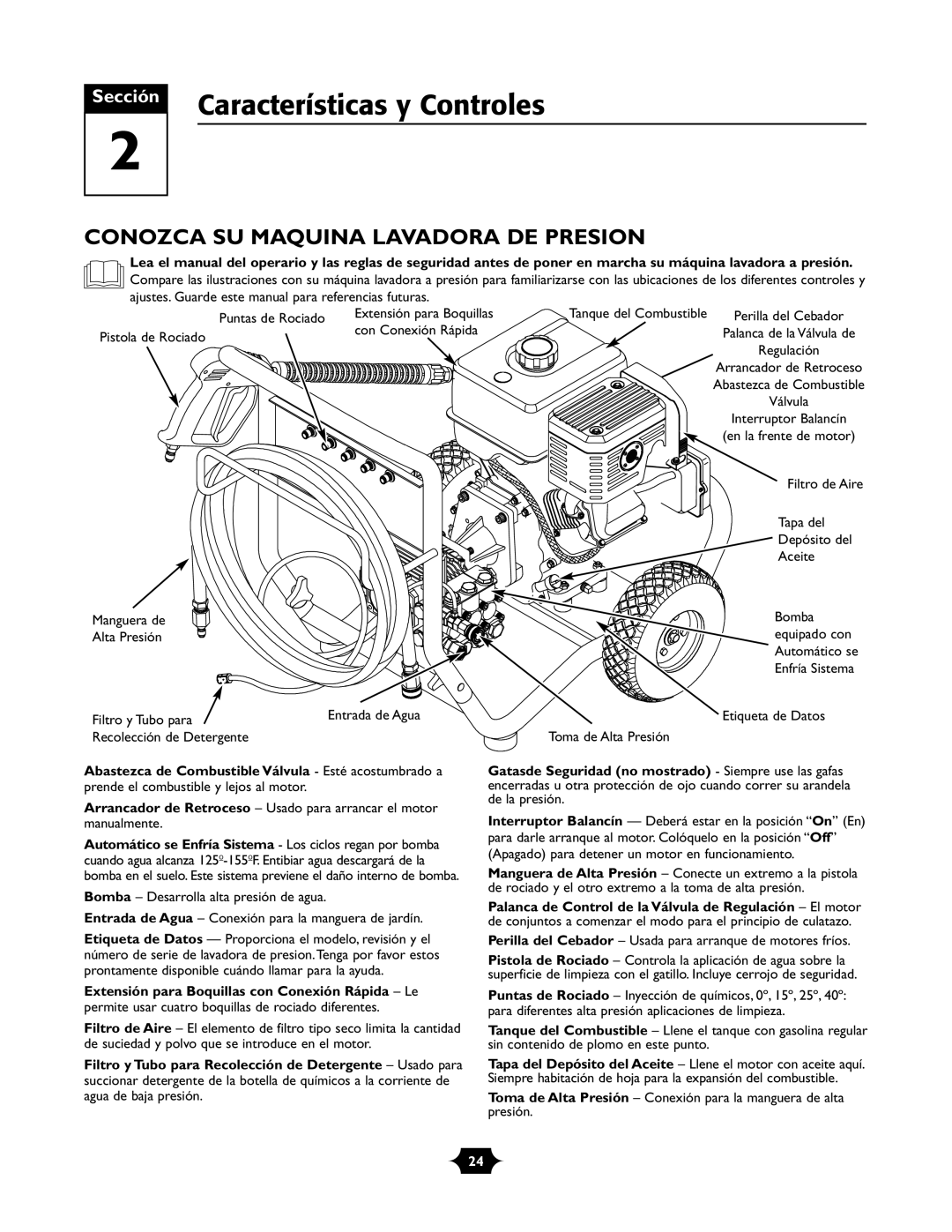 Briggs & Stratton 01988-1 manual Características y Controles, Conozca SU Maquina Lavadora DE Presion 