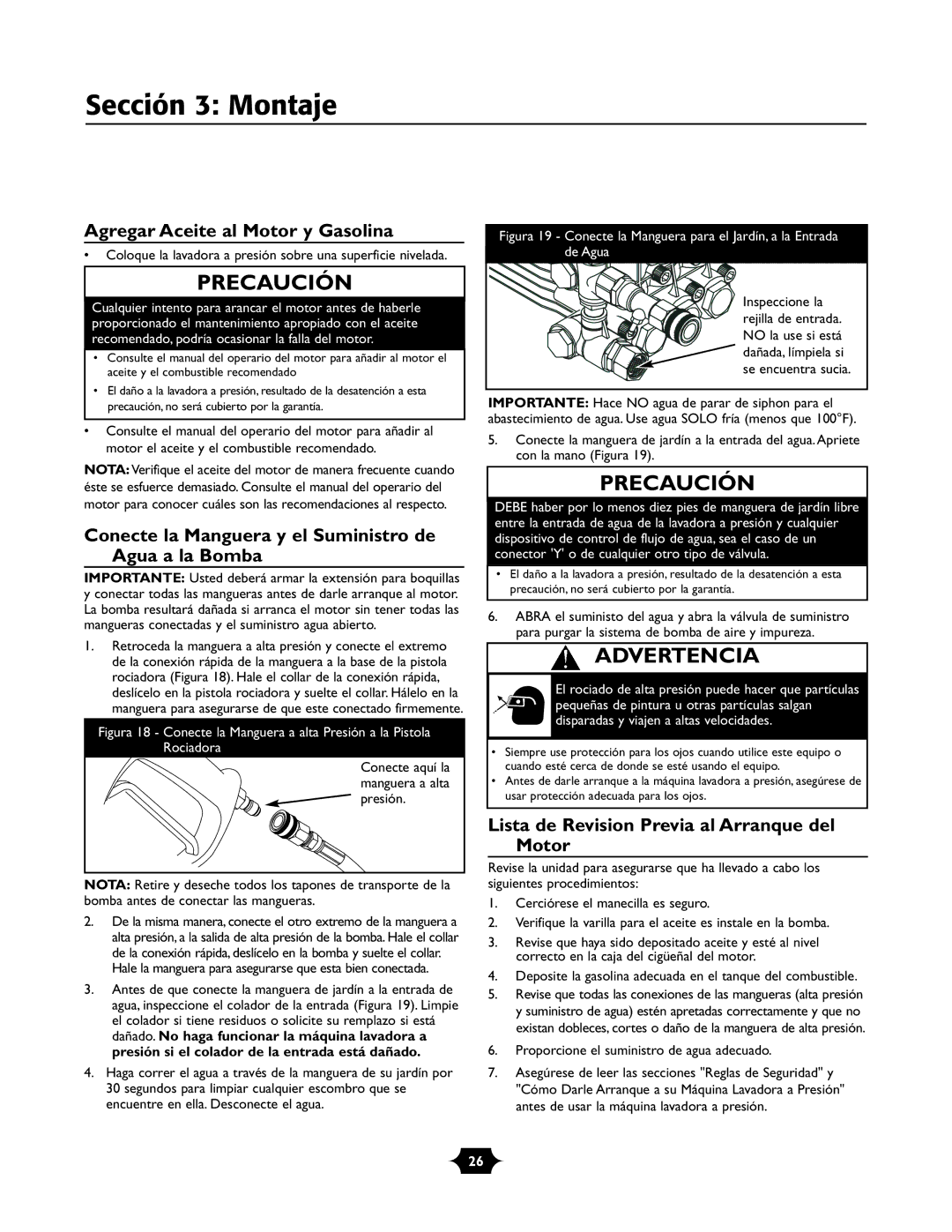 Briggs & Stratton 01988-1 manual Sección 3 Montaje, Agregar Aceite al Motor y Gasolina 