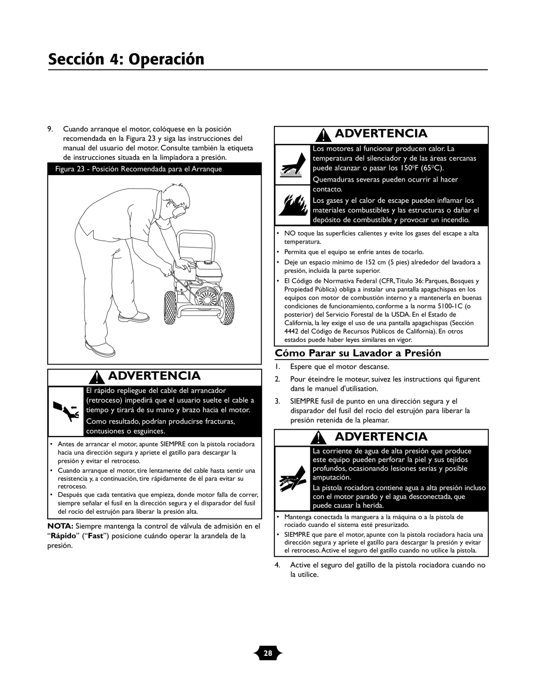 Briggs & Stratton 01988-1 manual Sección 4 Operación, Cómo Parar su Lavador a Presión 