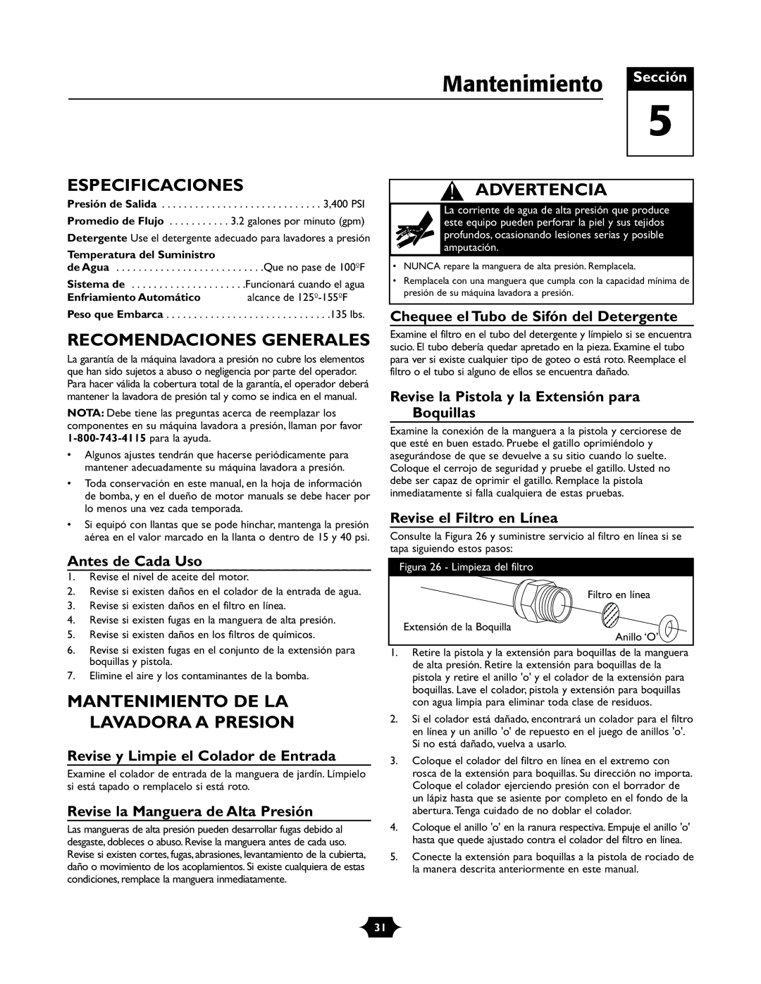 Briggs & Stratton 01988-1 manual Mantenimiento, Especificaciones, Recomendaciones Generales 