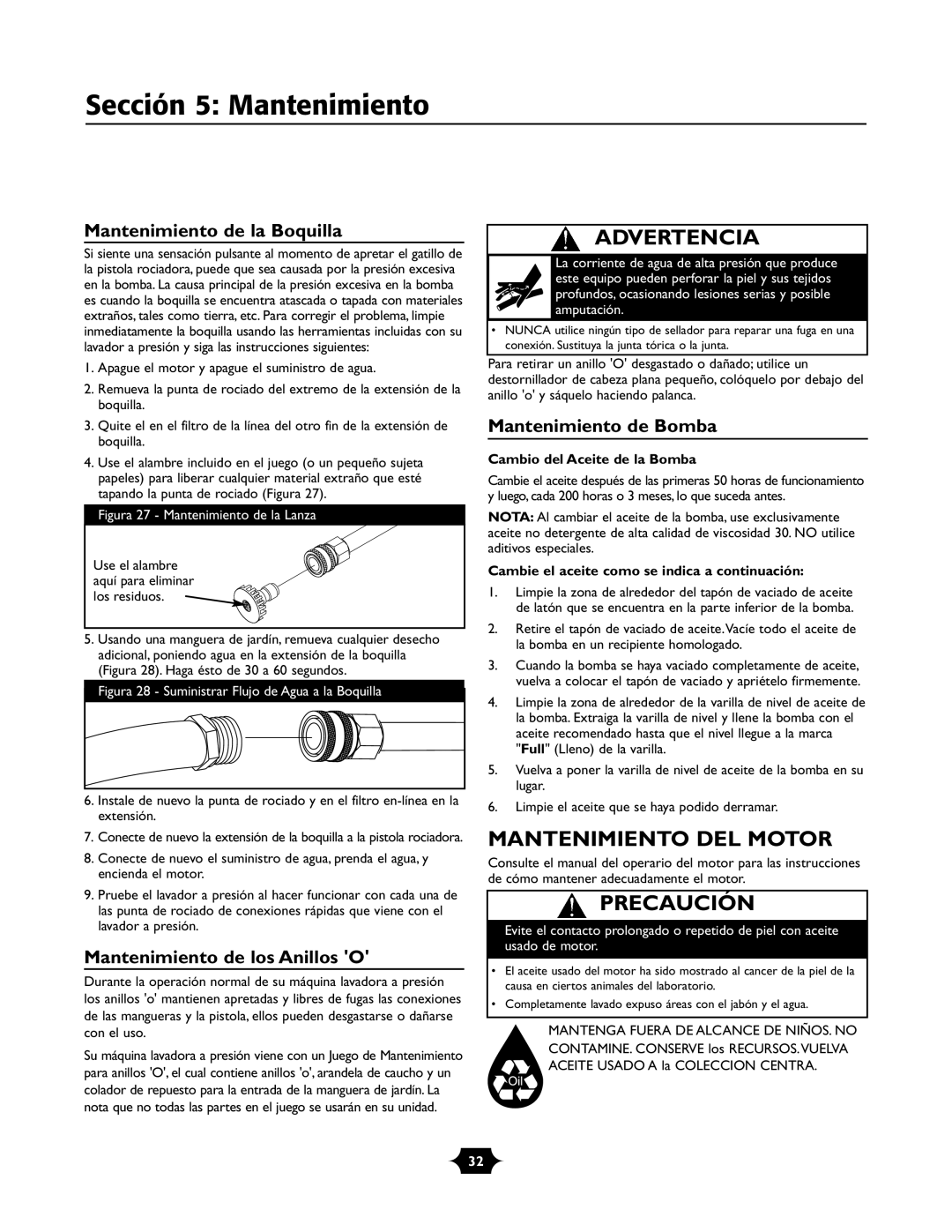 Briggs & Stratton 01988-1 manual Sección 5 Mantenimiento, Mantenimiento DEL Motor, Mantenimiento de la Boquilla 