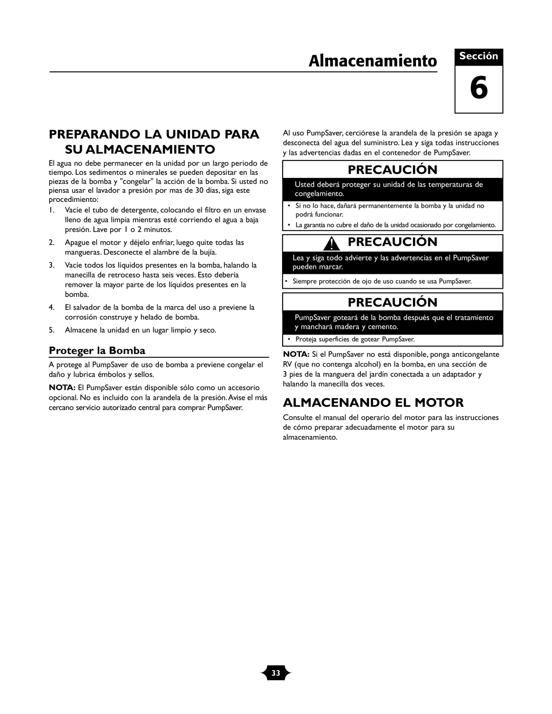 Briggs & Stratton 01988-1 manual Preparando LA Unidad Para SU Almacenamiento, Almacenando EL Motor, Proteger la Bomba 