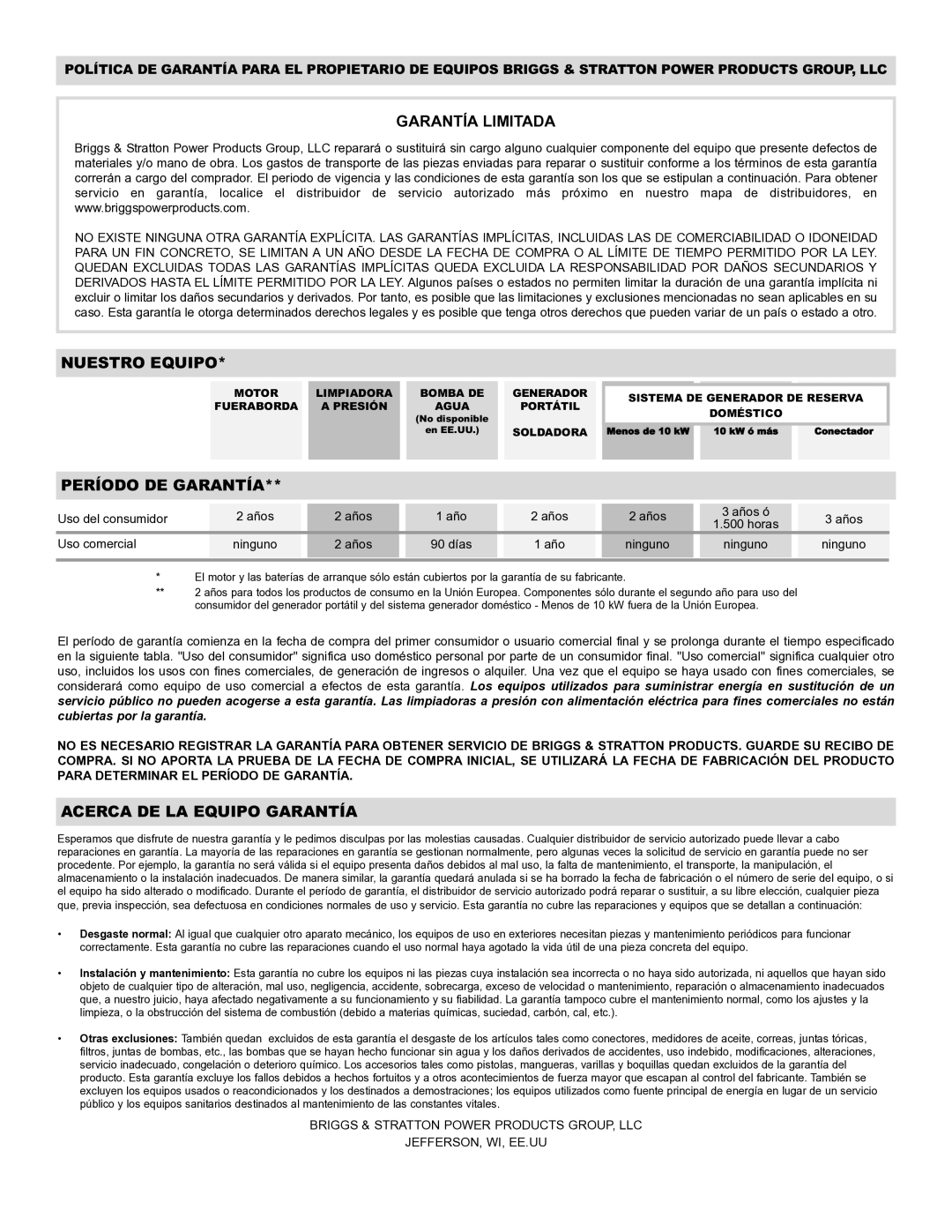 Briggs & Stratton 01988-1 manual Garantía Limitada 