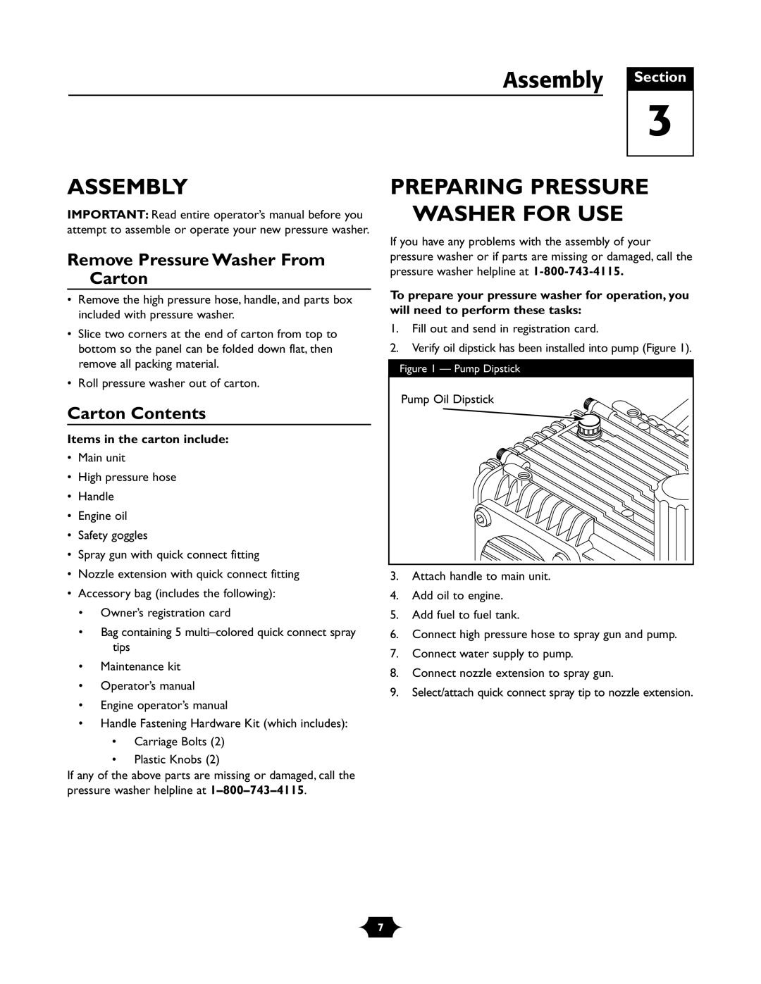 Briggs & Stratton 01988-1 manual Assembly Section, Preparing Pressure Washer for USE, Remove Pressure Washer From Carton 