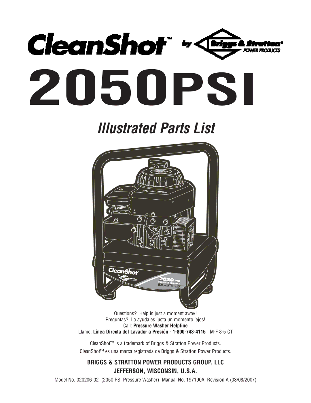 Briggs & Stratton 020206-02 manual 2050PSI, Illustrated Parts List 