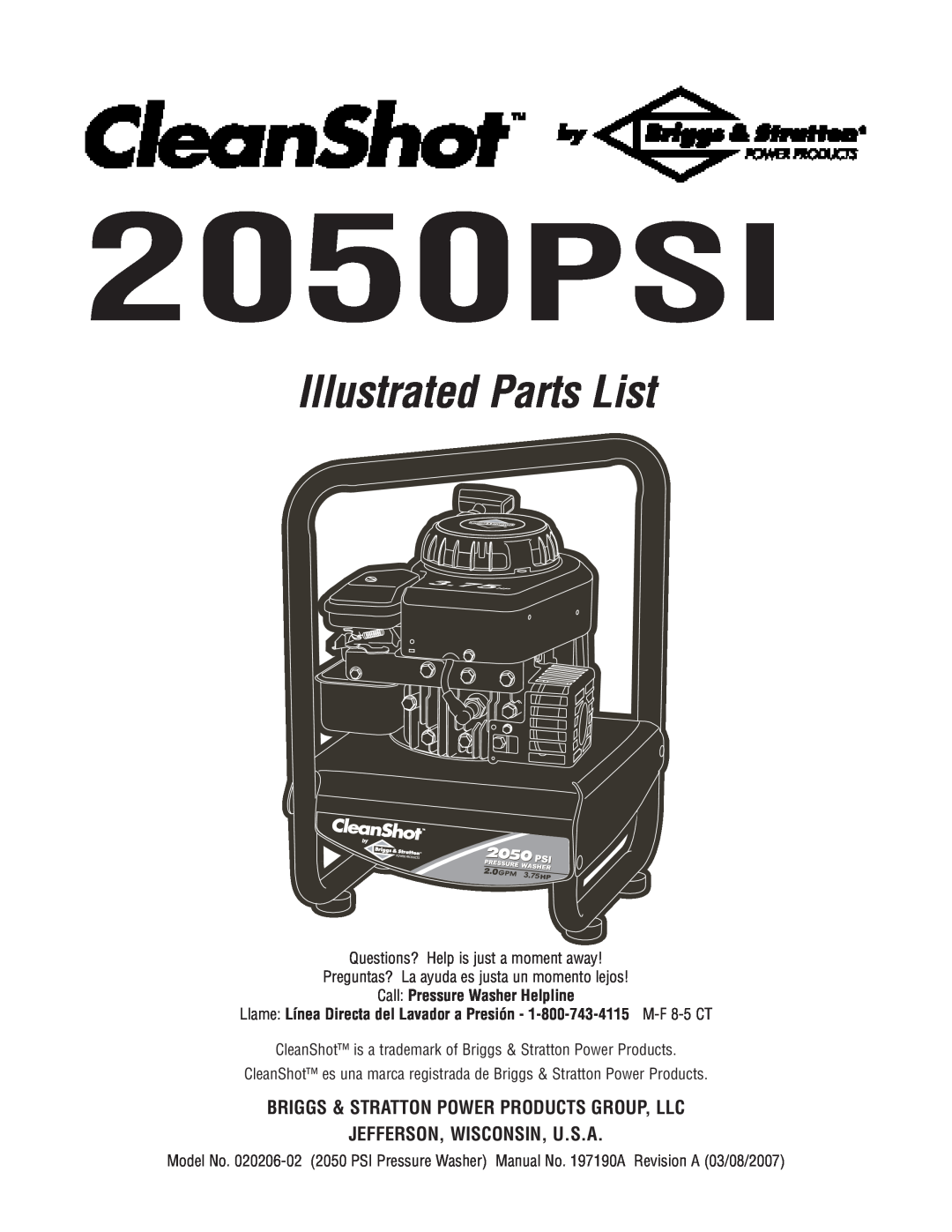 Briggs & Stratton 020206-02 manual 2050PSI, Illustrated Parts List, Briggs & Stratton Power Products Group, Llc 