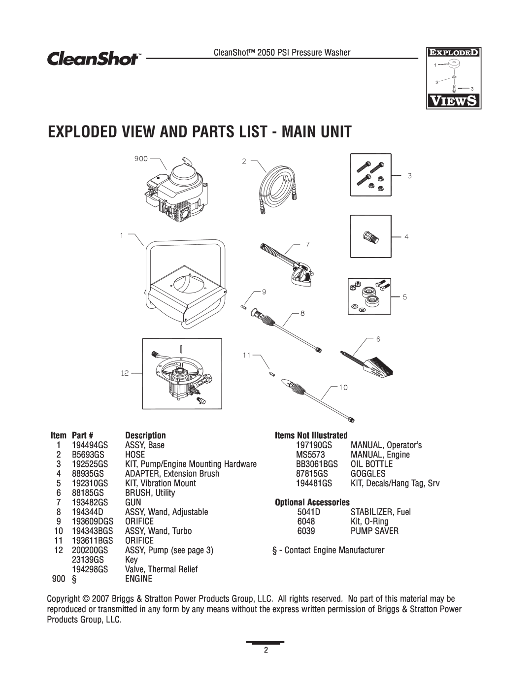 Briggs & Stratton 020206-02 manual Exploded View And Parts List - Main Unit, Description 