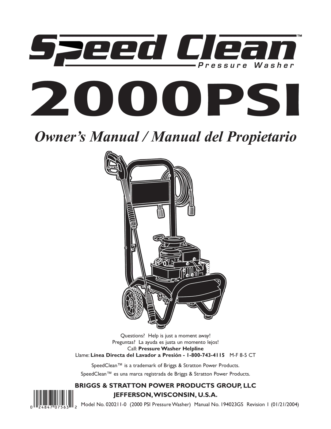 Briggs & Stratton 020211-0 owner manual 2000PSI 