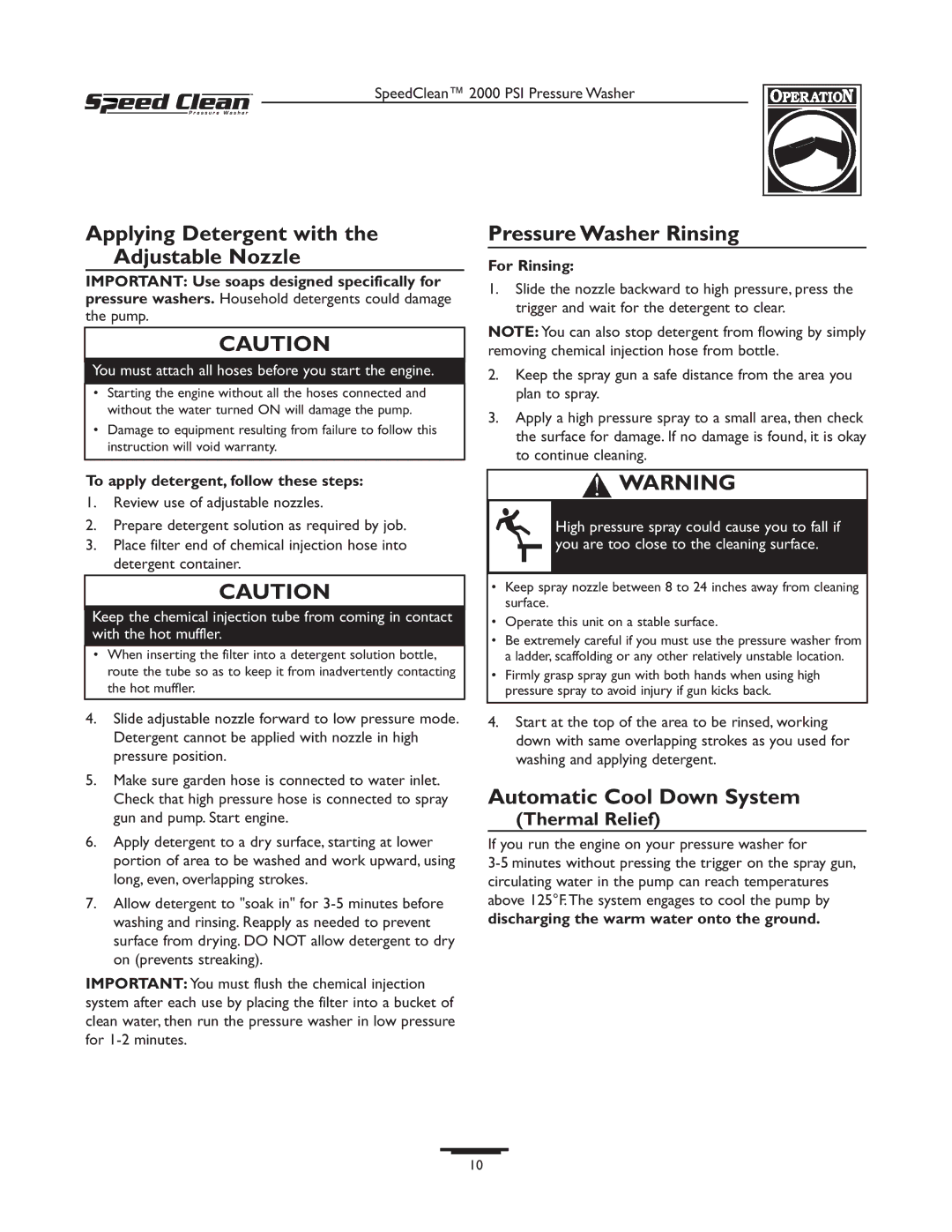 Briggs & Stratton 020211-0 Applying Detergent with the Adjustable Nozzle, Pressure Washer Rinsing, Thermal Relief 