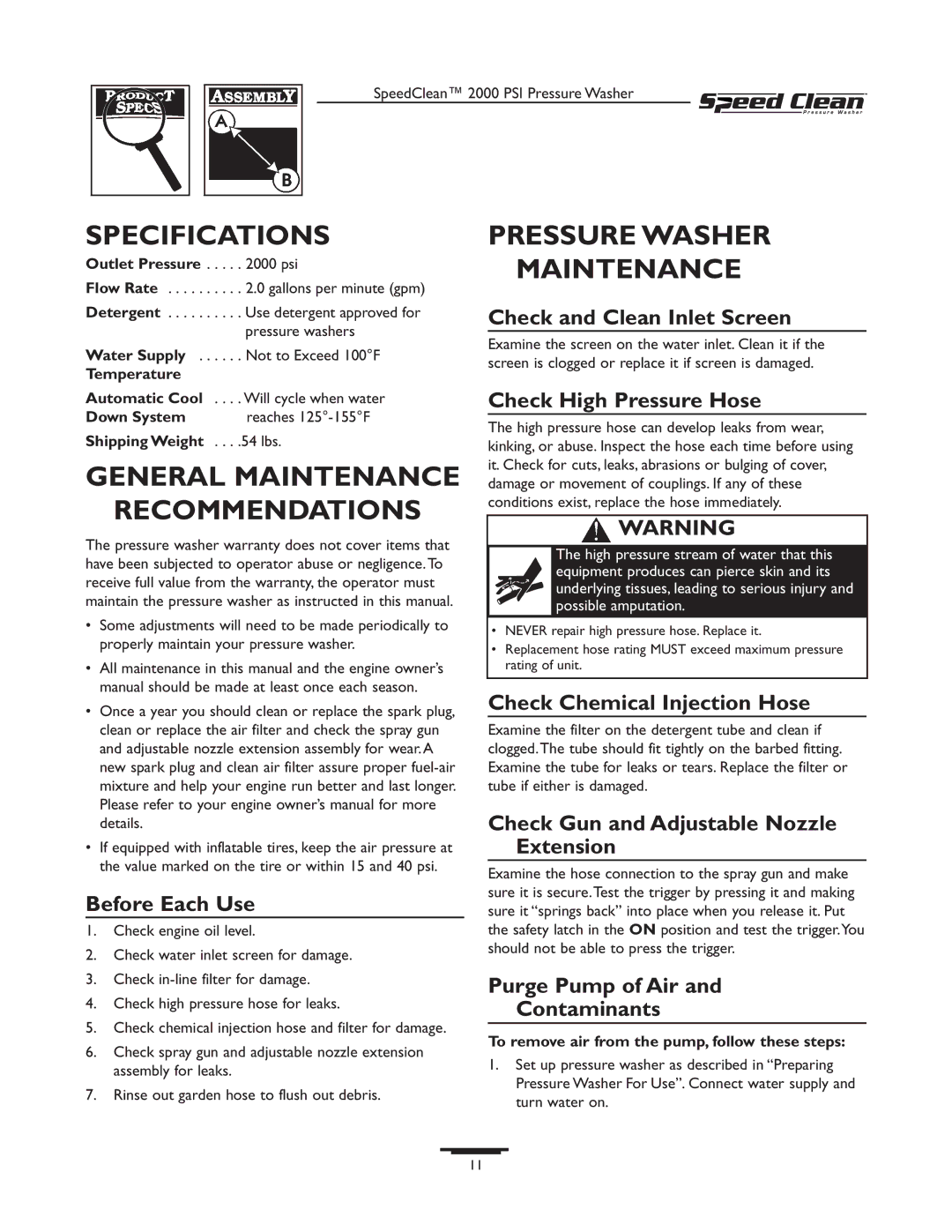 Briggs & Stratton 020211-0 owner manual Specifications, General Maintenance Recommendations, Pressure Washer Maintenance 