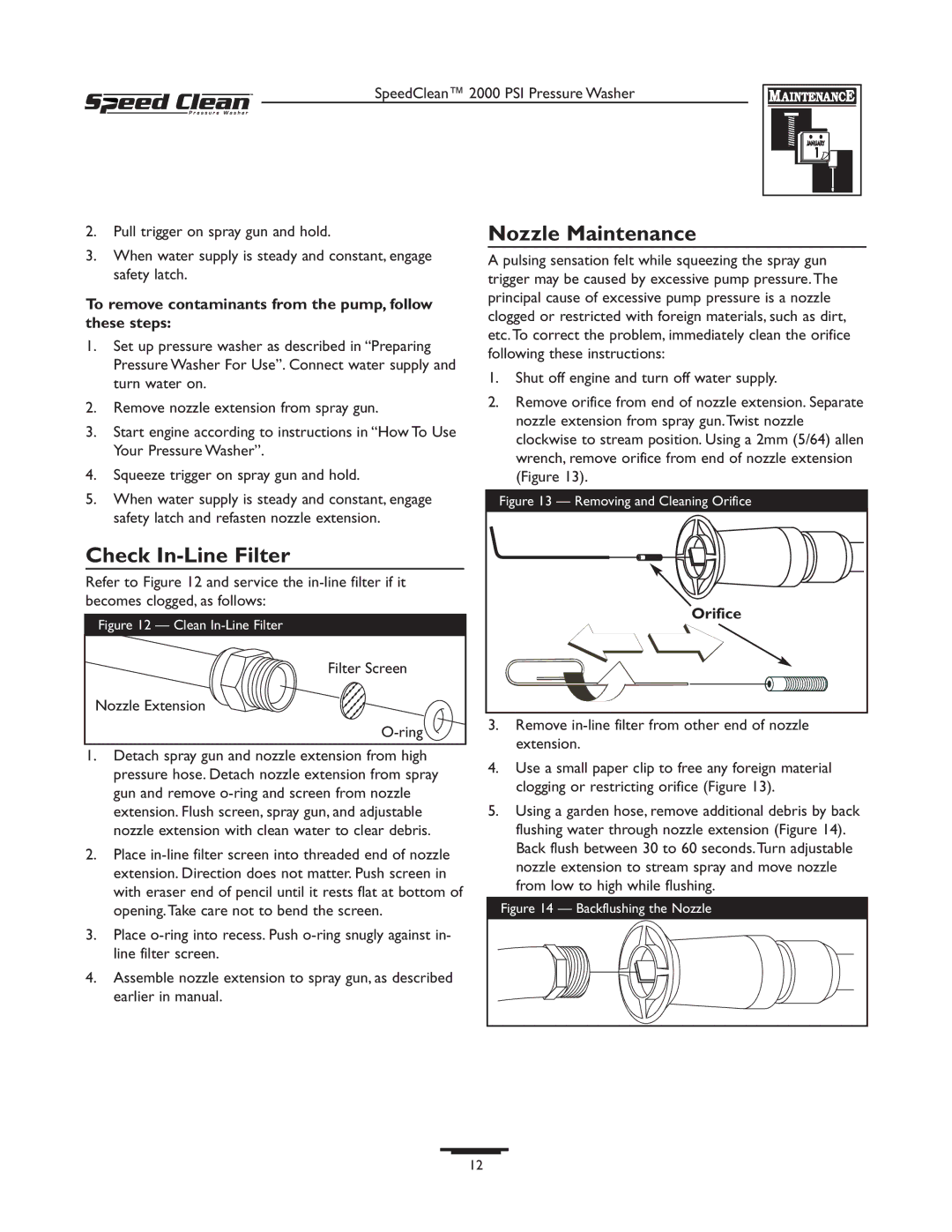 Briggs & Stratton 020211-0 owner manual Nozzle Maintenance, Check In-Line Filter, Orifice 