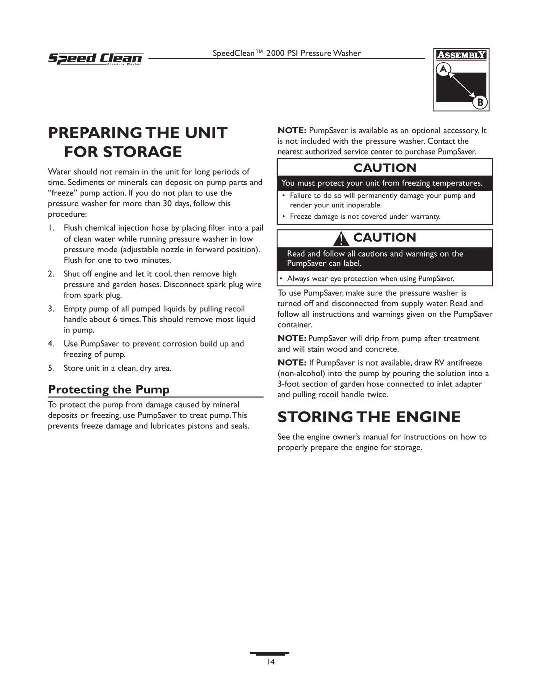 Briggs & Stratton 020211-0 owner manual Preparing the Unit for Storage, Storing the Engine, Protecting the Pump 