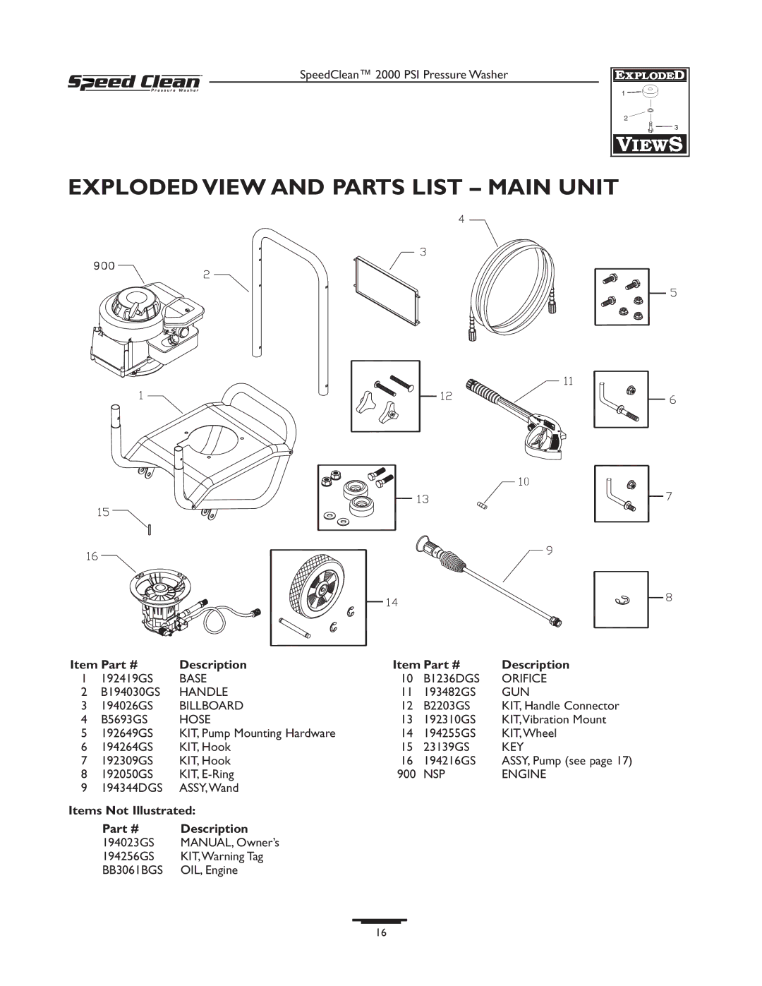 Briggs & Stratton 020211-0 owner manual Exploded View and Parts List Main Unit, Items Not Illustrated Description 