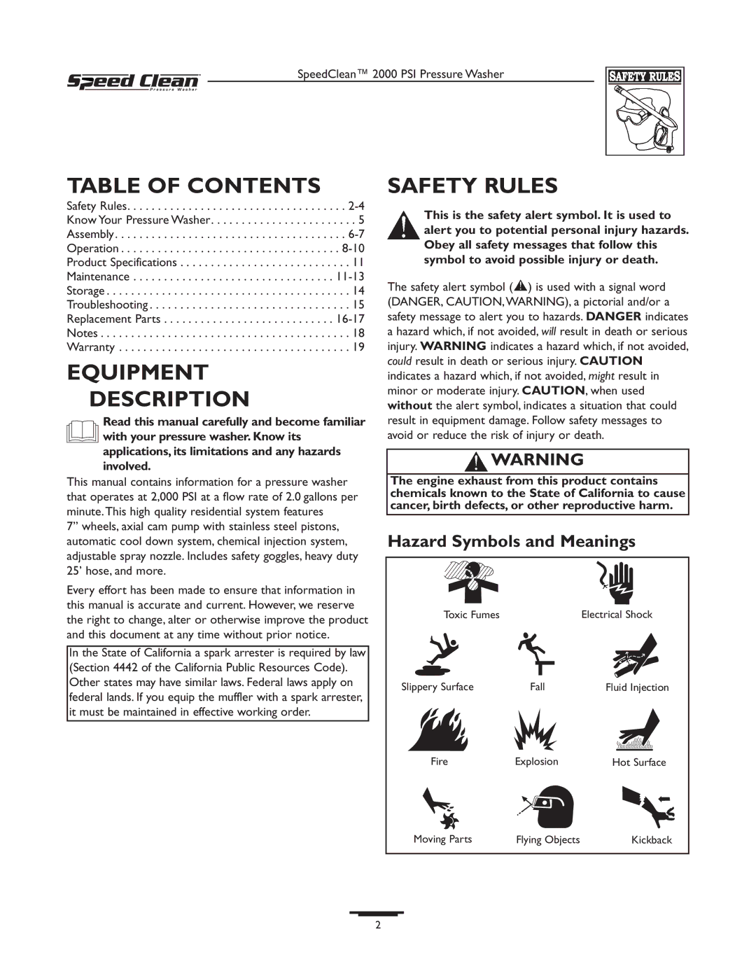 Briggs & Stratton 020211-0 owner manual Table of Contents, Equipment Description, Safety Rules 