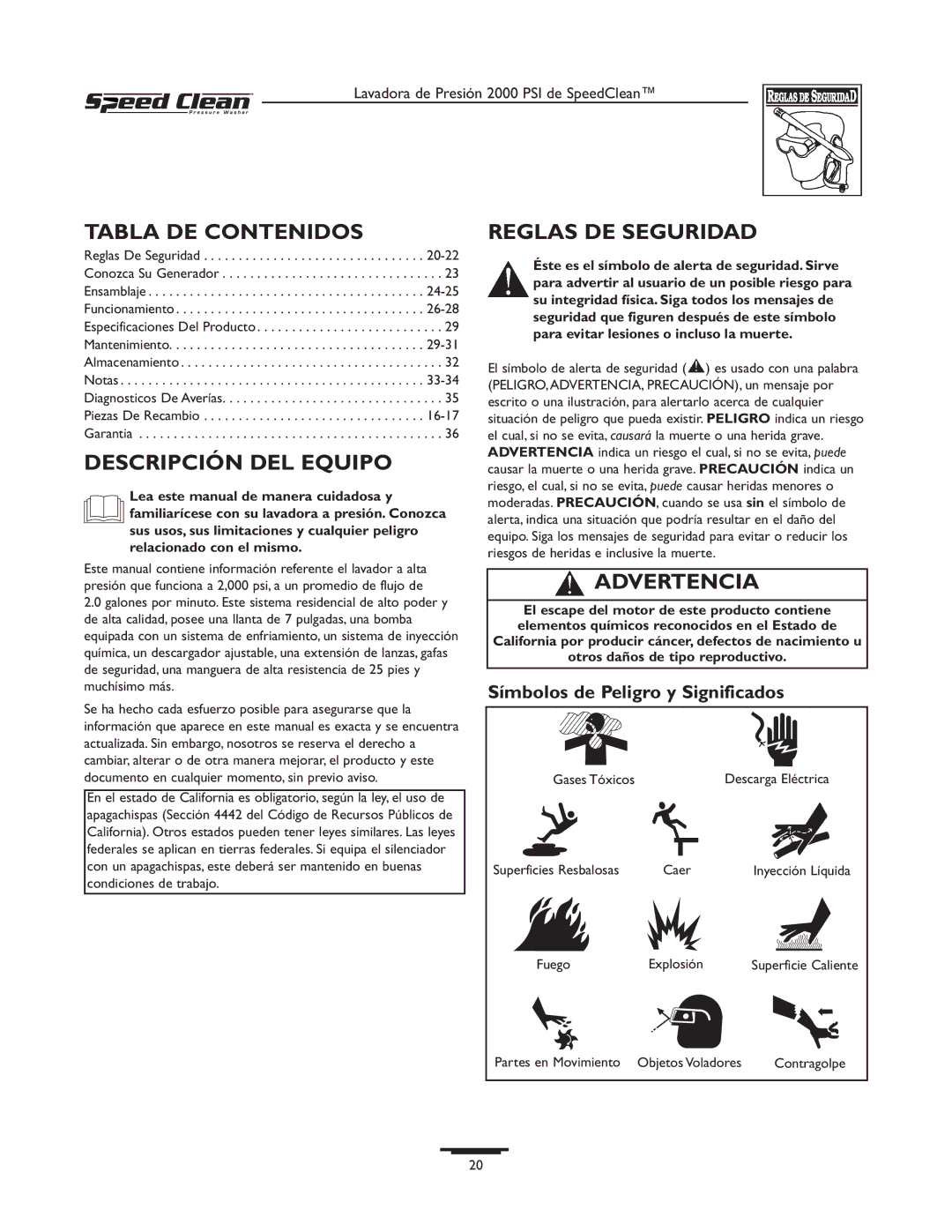 Briggs & Stratton 020211-0 owner manual Tabla DE Contenidos, Descripción DEL Equipo, Reglas DE Seguridad, Advertencia 