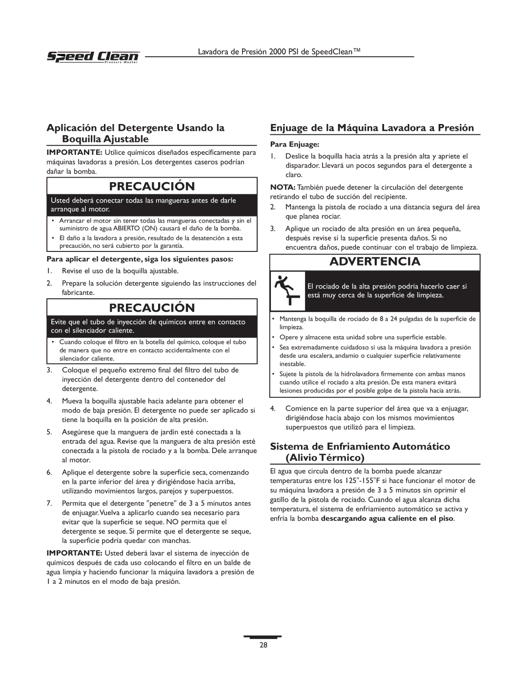 Briggs & Stratton 020211-0 owner manual Aplicación del Detergente Usando la Boquilla Ajustable, Para Enjuage 