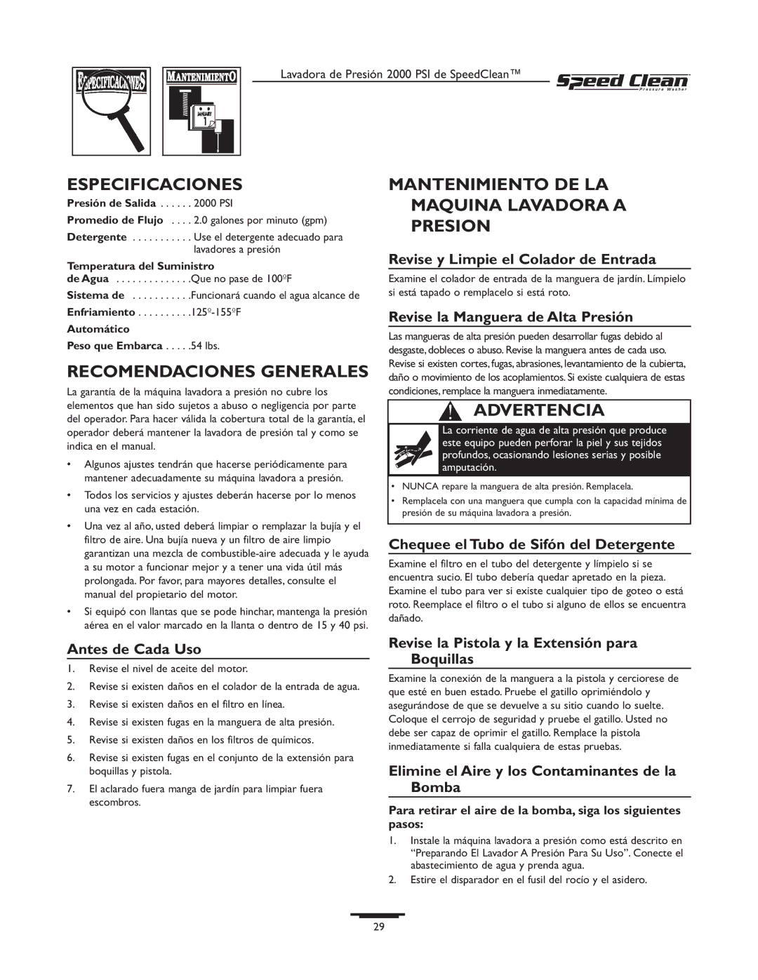 Briggs & Stratton 020211-0 Especificaciones, Recomendaciones Generales, Mantenimiento DE LA Maquina Lavadora a Presion 