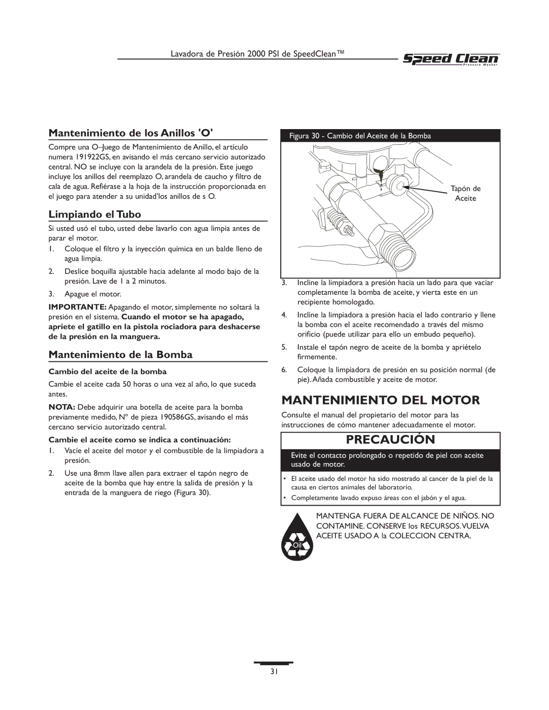 Briggs & Stratton 020211-0 owner manual Mantenimiento DEL Motor, Mantenimiento de los Anillos O, Limpiando el Tubo 