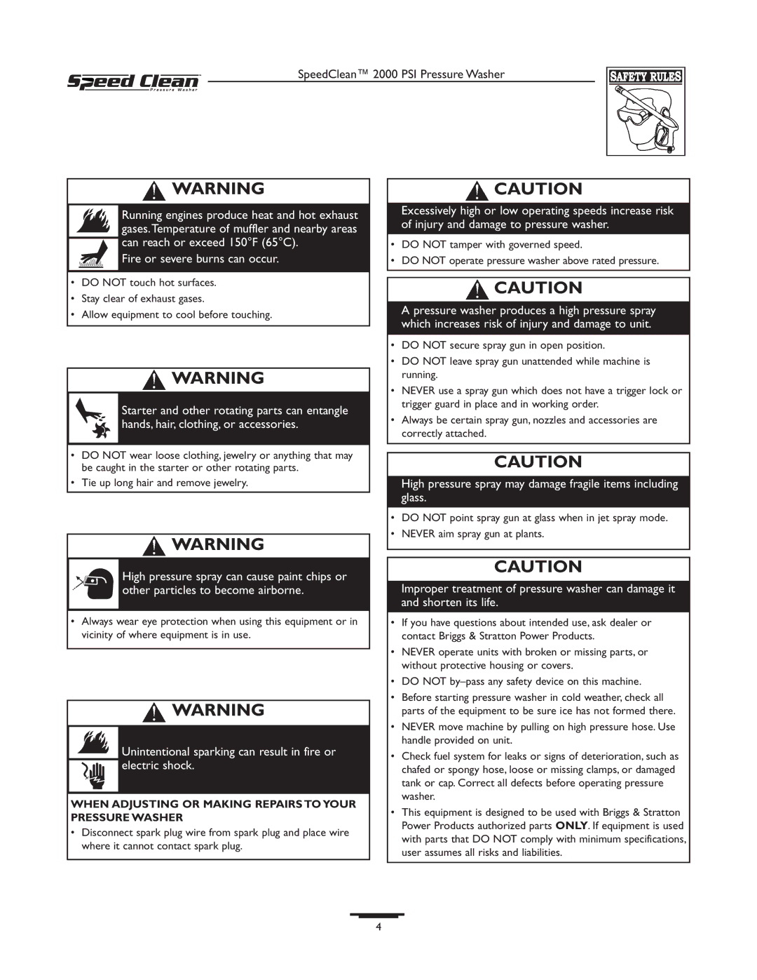 Briggs & Stratton 020211-0 owner manual High pressure spray may damage fragile items including glass 