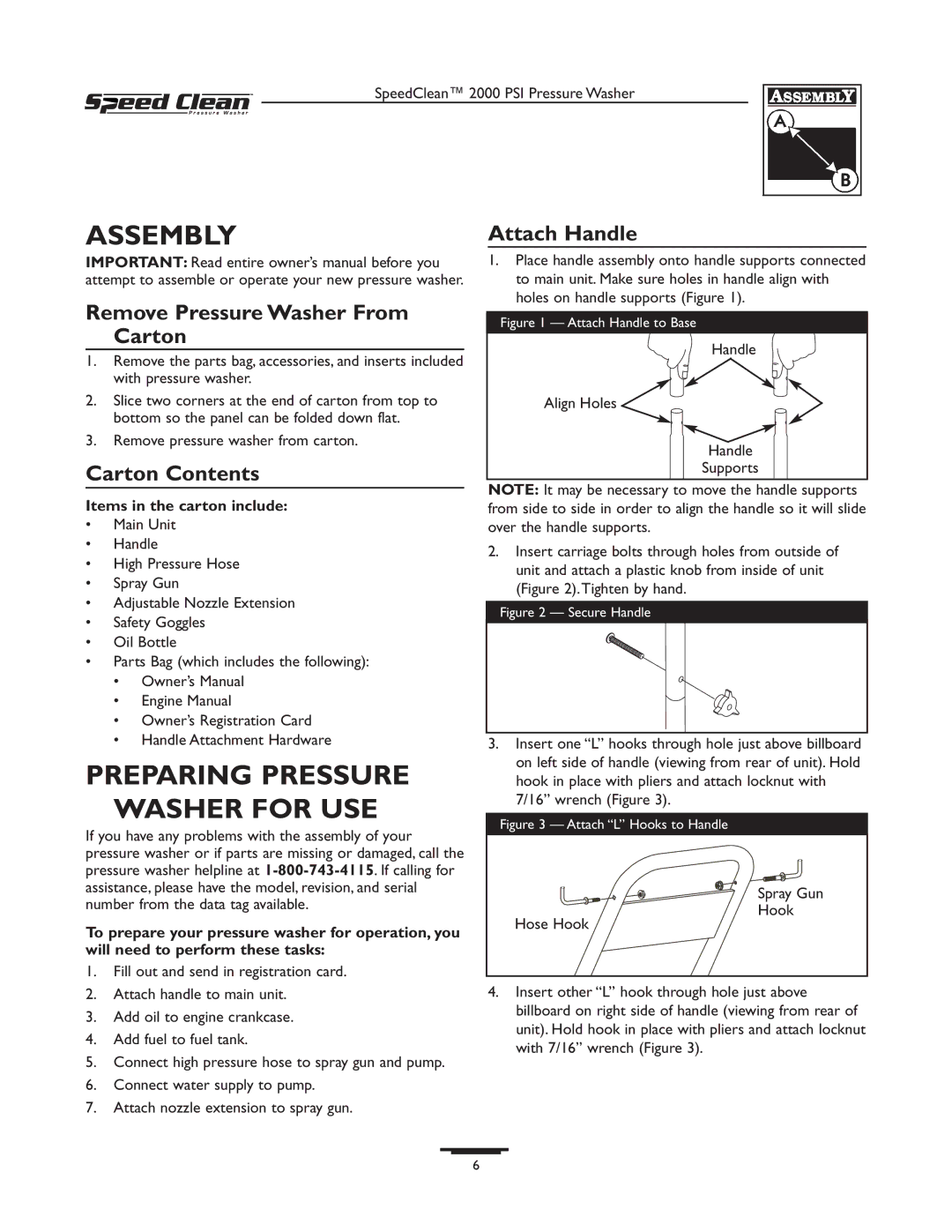 Briggs & Stratton 020211-0 Assembly, Preparing Pressure Washer for USE, Remove Pressure Washer From Carton, Attach Handle 