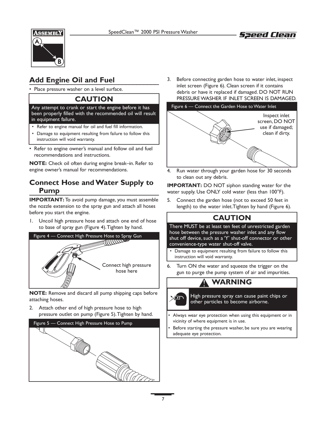 Briggs & Stratton 020211-0 owner manual Add Engine Oil and Fuel, Connect Hose and Water Supply to Pump 