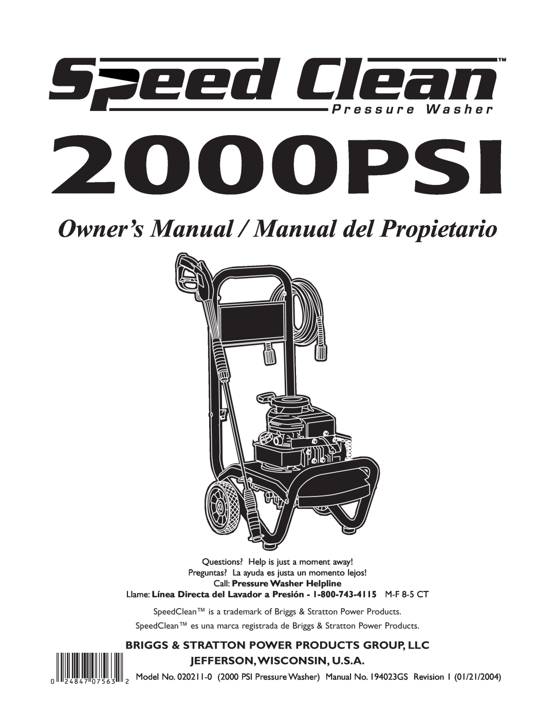 Briggs & Stratton 020211-0 owner manual Briggs & Stratton Power Products Group, Llc, Jefferson,Wisconsin, U.S.A, 2000PSI 
