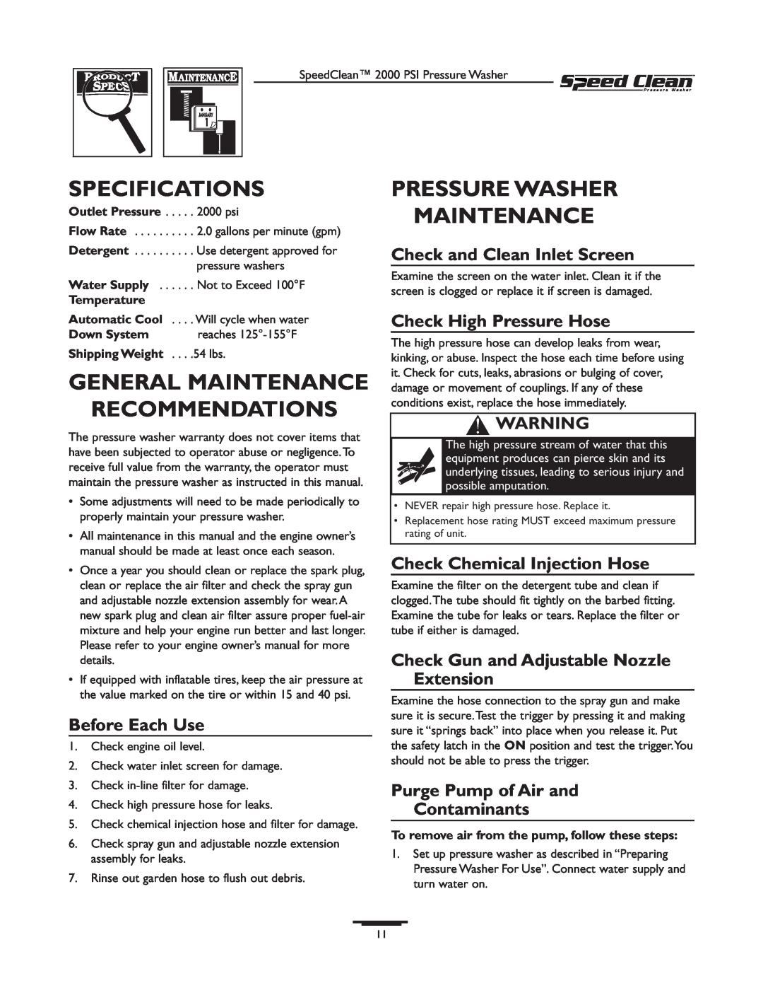 Briggs & Stratton 020211-0 Specifications, General Maintenance Recommendations, Pressure Washer Maintenance, Temperature 